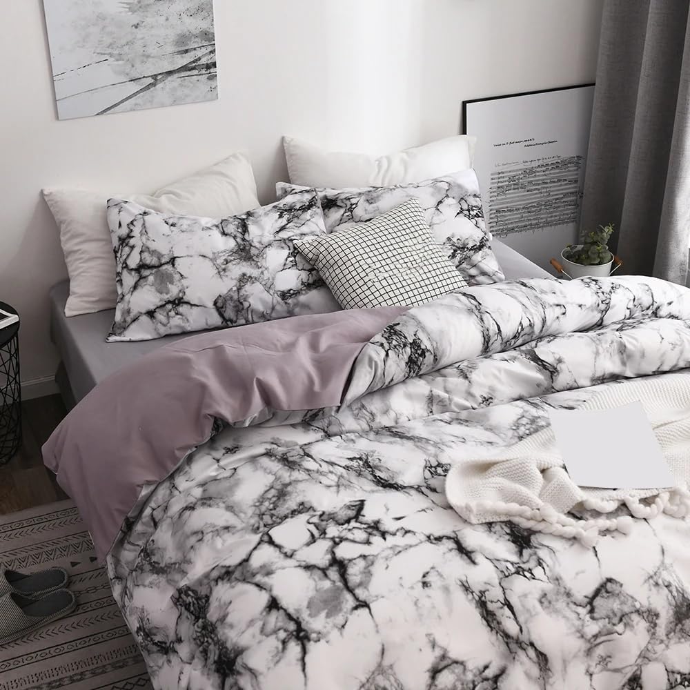 Housse de couette 240x220 effet marbre blanc de qualité artisanale en microfibre douce de luxe