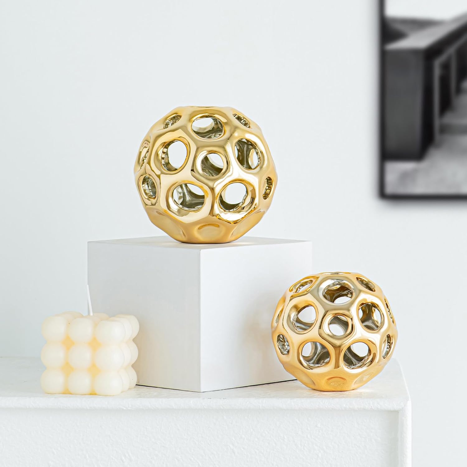 Gold Knot Orbs Decorative Objects, Modern Geometric Balls Centerpieces, Orb Knick Knacks Home Decor, Ceramic Coffee Table Sculptures for Living Room, Bedroom, Office Desktop, Bookshelf (Gold)