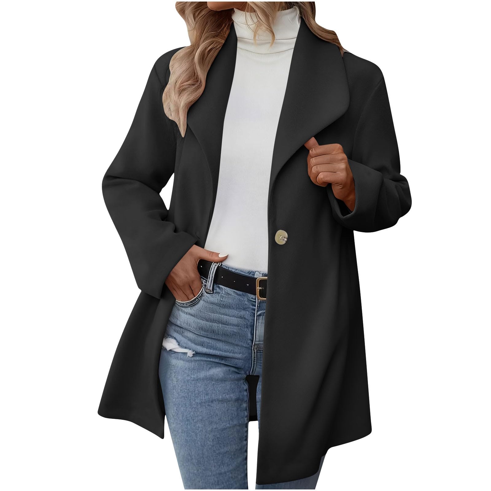 Trench Coat Women Elegant Lapel Collar Peacoat Casual Overcoat Wool Blend Loose Winter Coats