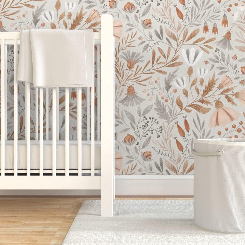 Spoonflower Peel & Stick Wallpaper 3ft x 2ft - Beige Grey Neutral Botanicals Floral Tan Warm Custom Removable Wallpaper