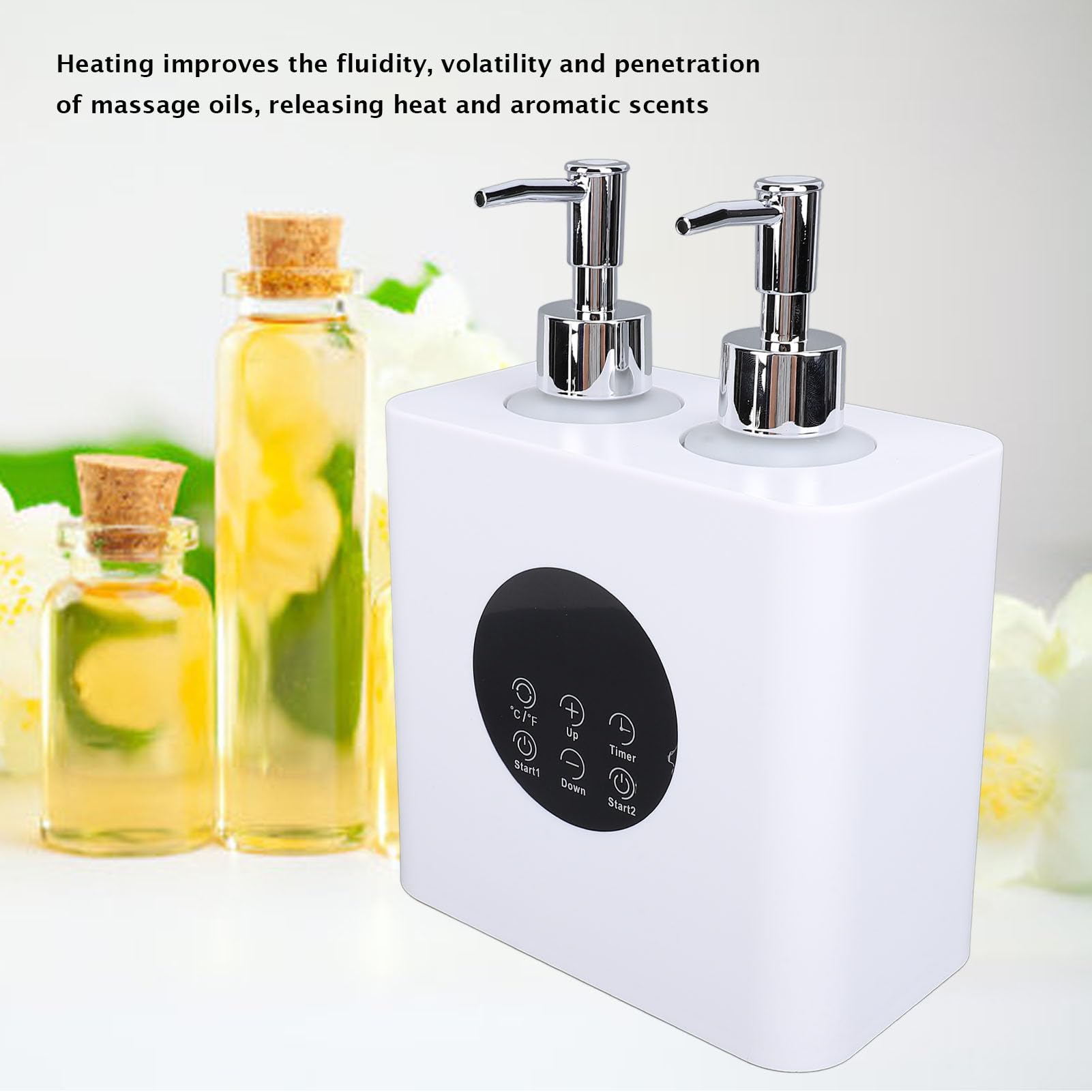 Scaldaolio per Massaggi con 4 Flaconi 250 Ml, Intervallo di Temperatura 30-65°C, Aumenta il Flusso 'olio per Massaggi, Scaldaolio a Temperatura Regolabile con Doppio Foro
