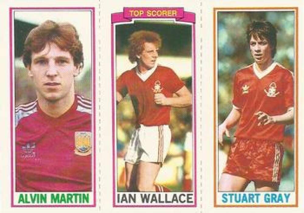 1981-82 Topps English League #81/157/123 Stuart Gray/Ian Wallace/Alvin Martin Nottingham Forest/Nottingham Forest/West Ham United Official EPL Soccer Card in Raw (EX-MT) or Better Condition