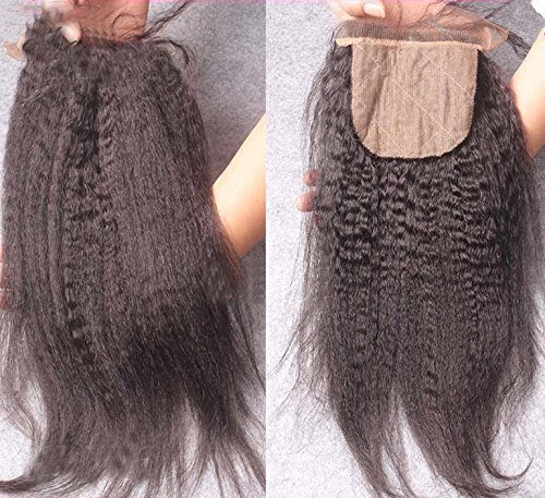Remeehi Kinky Straight Silk Base Top Closure Bleached Knots Free/Middle/3 Part 4"X4" Brazilian Virgin Human Hair Closure Natural Color (Free Part 8 inch)
