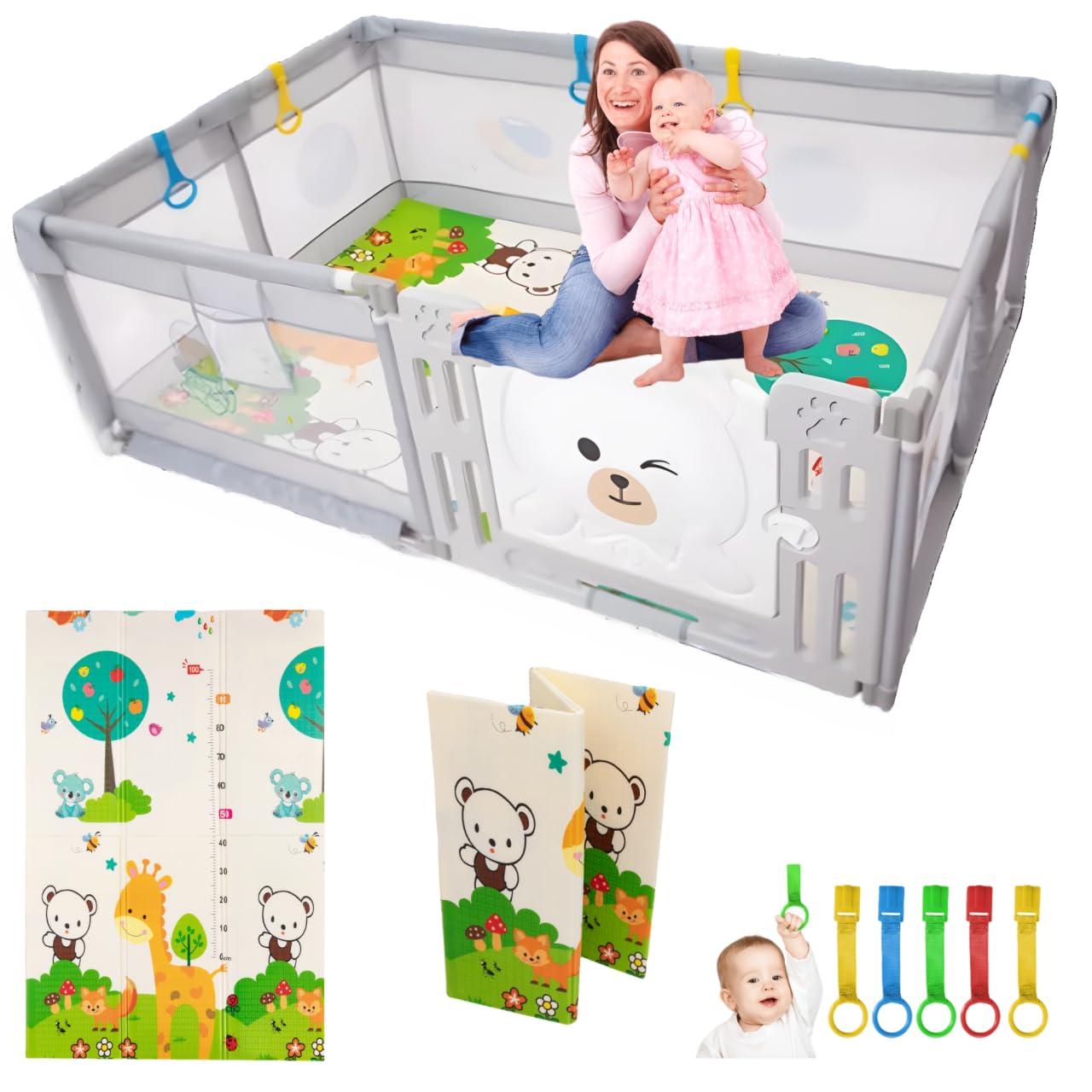 PARVULI Parque Infantil Bebe 120x180 cm - Corralito Bebe con 6 agarraderas y Alfombra de Juegos Acolchada - Parque Bebes para Casa Plegable con Malla Transpirable y Vayas con Protecciones