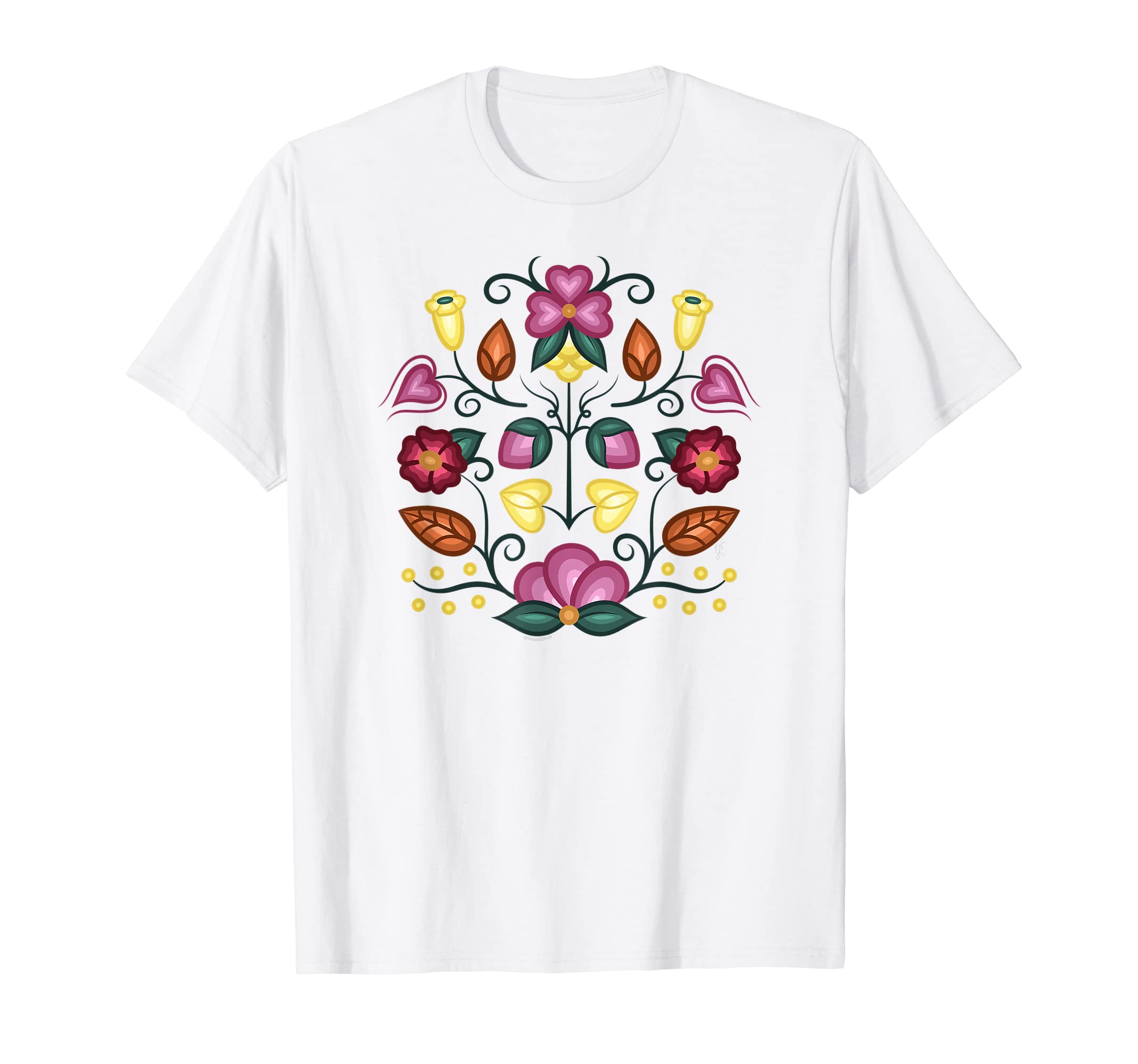 Folk Style Ojibwe Floral Native American Indigenouse Design T-Shirt
