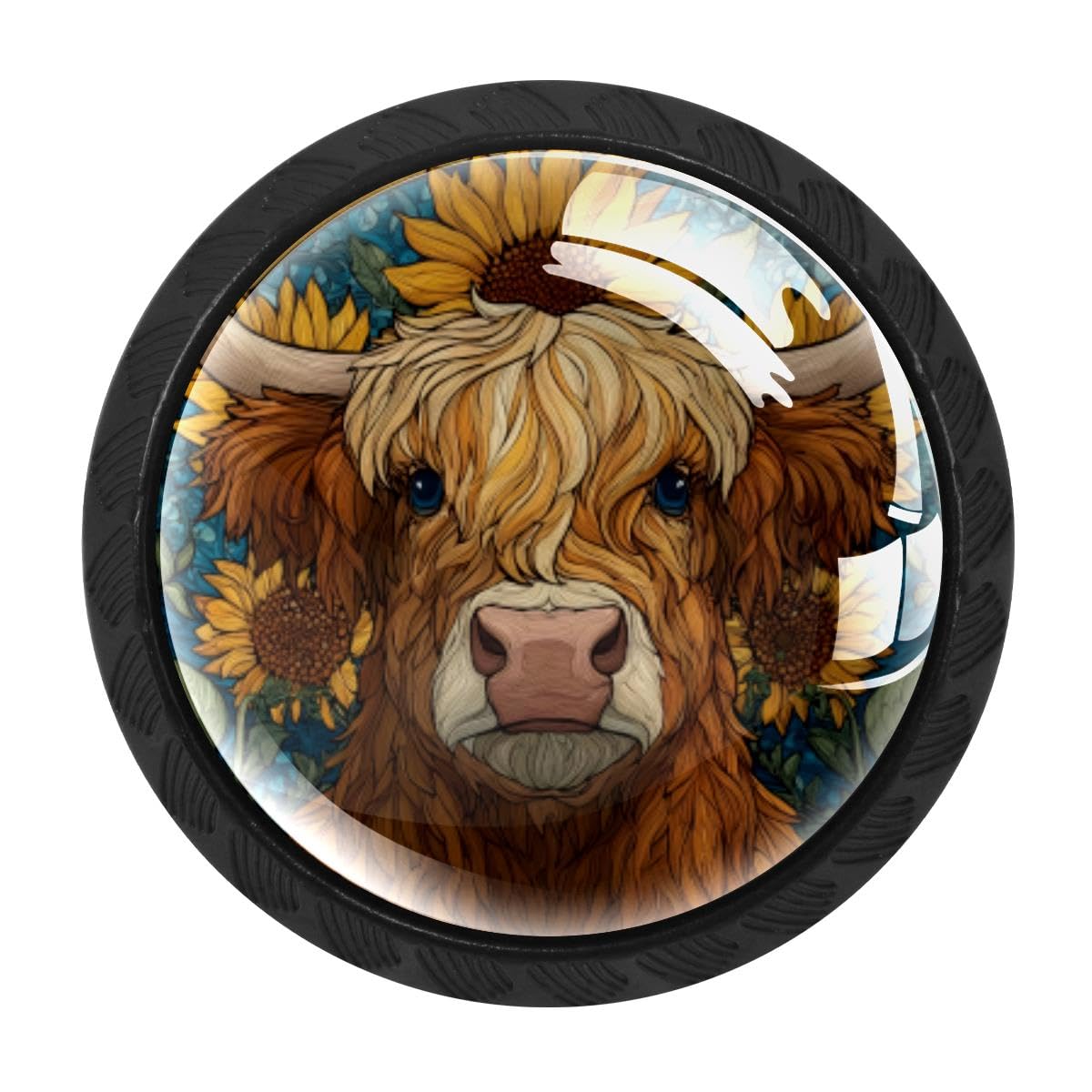 4 PCS Cabinet Knobs, Highland Cow Sunflower Drawer Knobs Dresser Handles