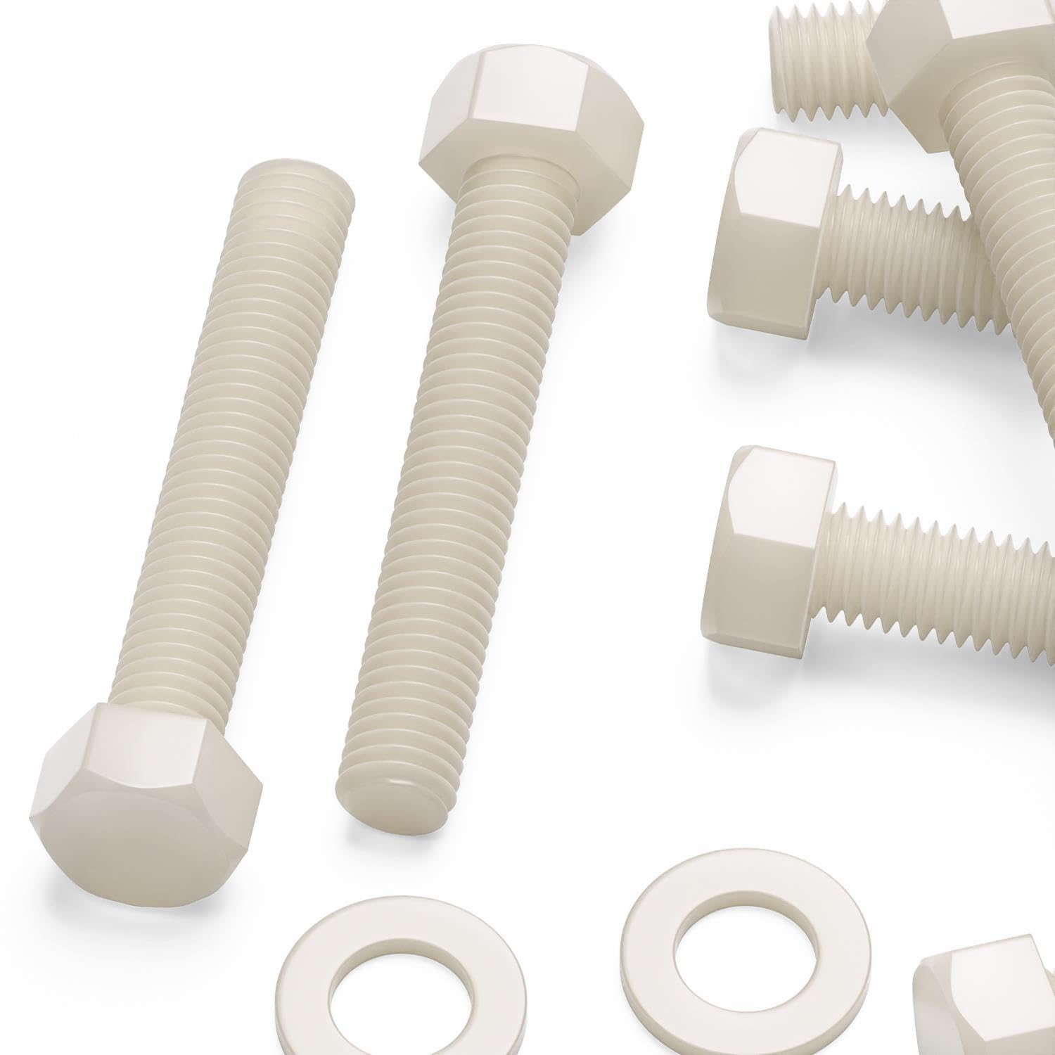 10x Natural Nylon Hex Head, M10 x 60 mm, Plastic Nuts and Bolts, Washers, Hexagon, Nylon