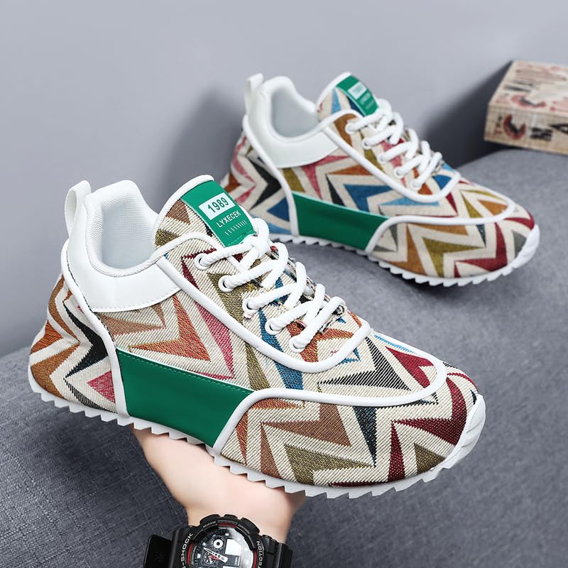 Multicolor Geometric Print Sneakers - White Sole with Green Accents, Breathable Mesh Upper Design for Casual Style2