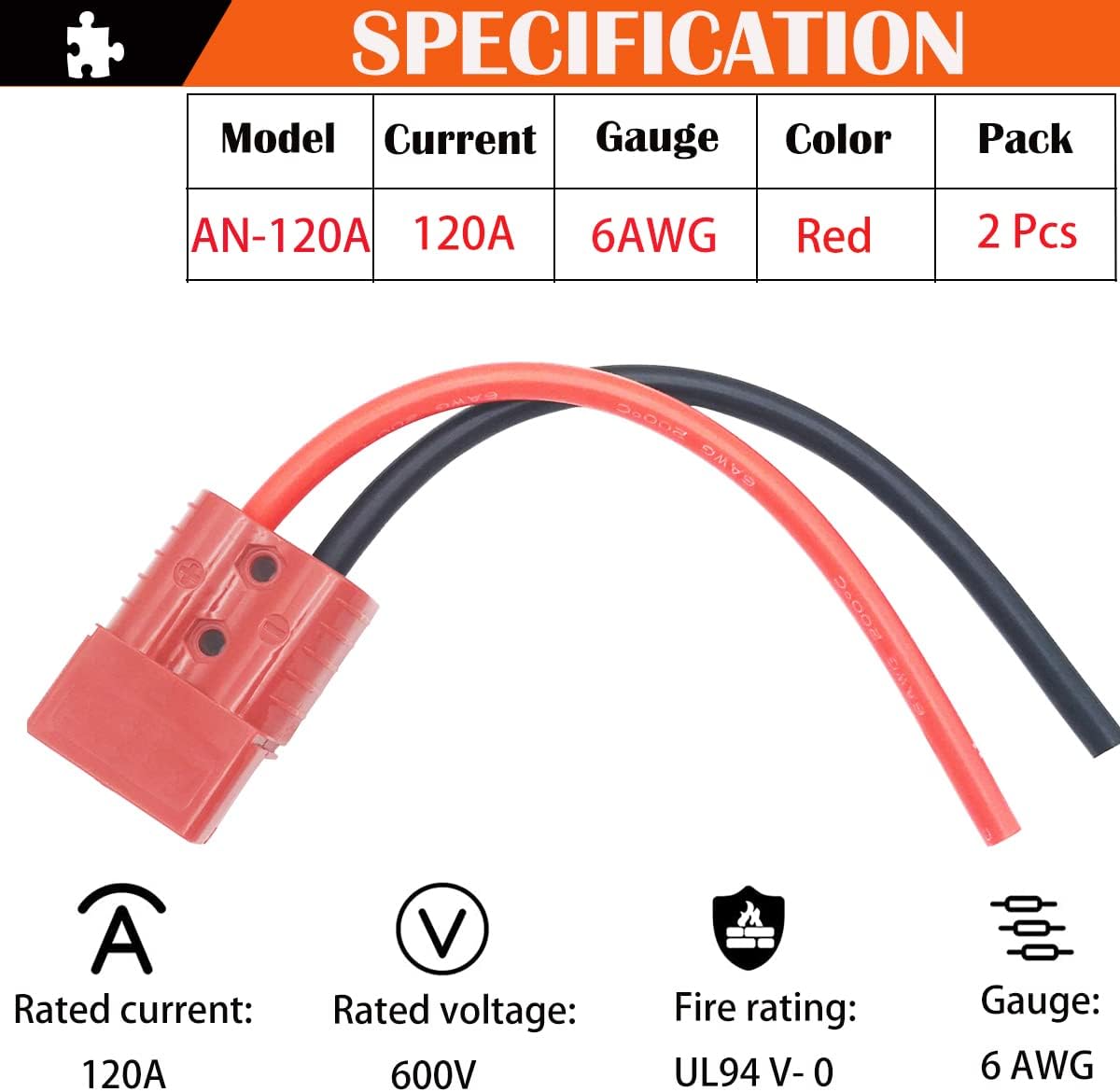 CESFONJER 120A Battery Connector with 6 AWG 25cm Silicone Cable (2 Sets), Quick Connect Quick Disconnect Battery Connector, for car, Camper, Boat,Motorhome (Red)
