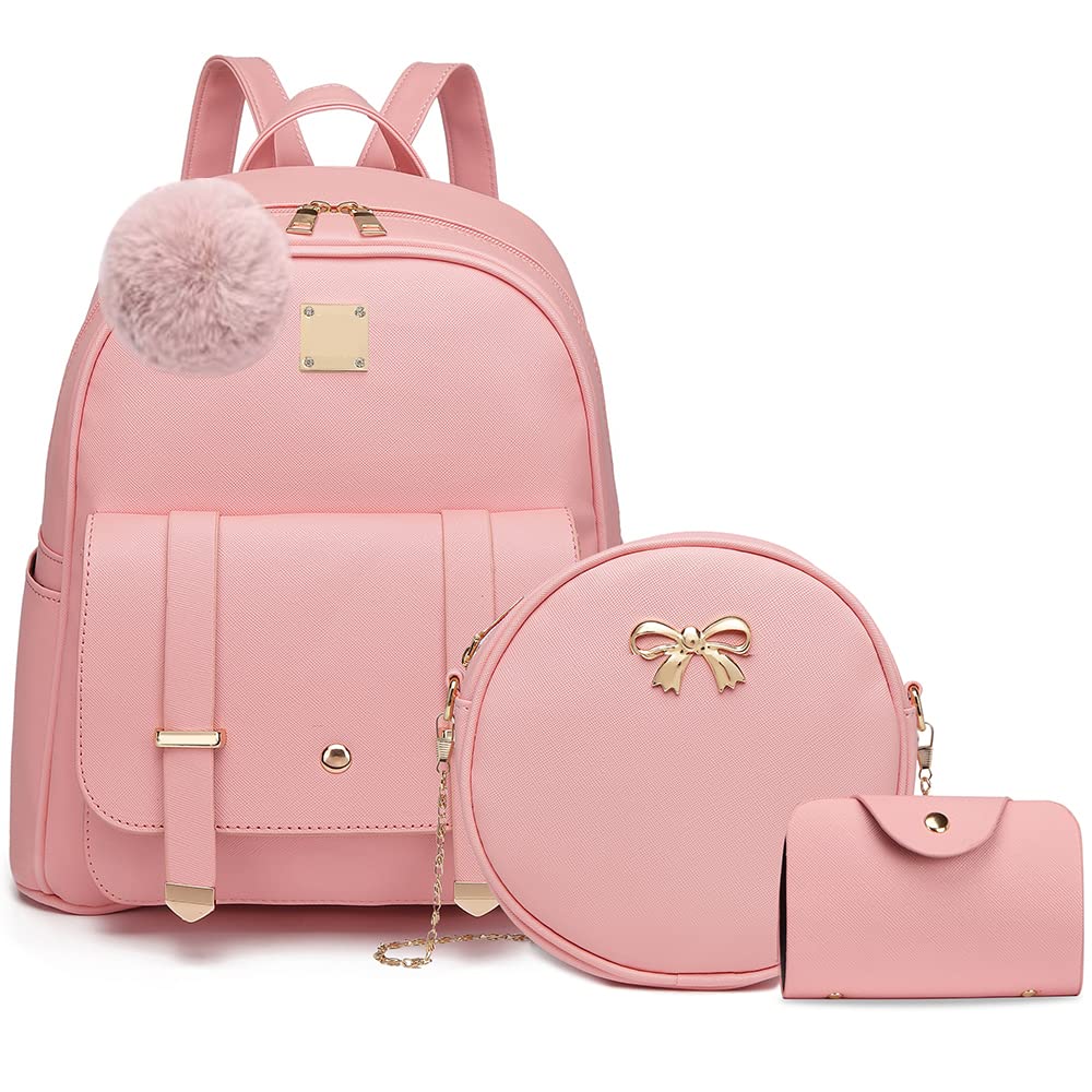 MACCINELO Cute Leather Mini Backpack Purse for Women Bowknot Small Backpack for Girls gift Rucksack Ladies Shoulder Bag 3pcs