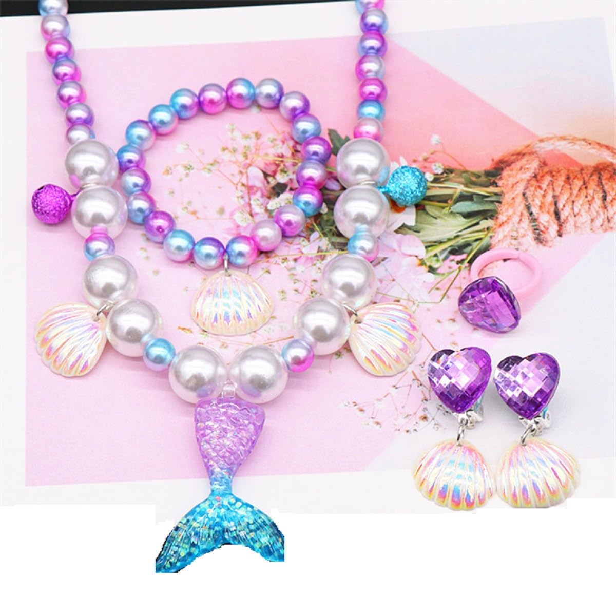TASMAI MARKETING Mermaid Tail Necklace Earrings Bracelet,Mermaid Pearl Theme 5 Pcs Jewelery Set,Birthday Gift, Party Supplies,Princess Dress Up,Halloween Costume Accessories (Purple),Kids Necklace 3