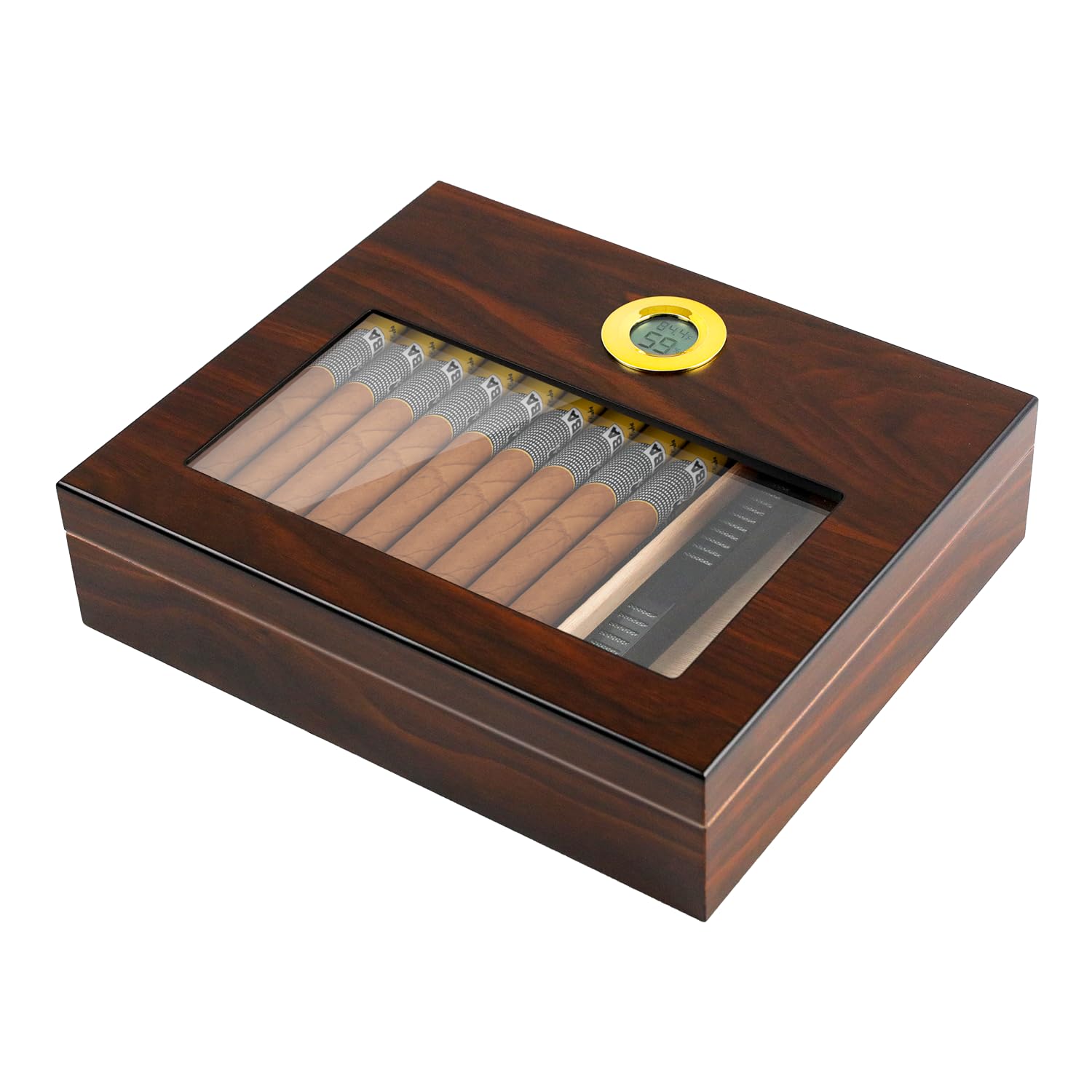 JOSTART Cave à cigares, 20-25 en bois de cèdre avec humidificateur, hygromètre, cadeau de Noël ou d'anniversaire pour papa, mari, grand-père, super étanche, boîte à cigares en verre avec séparateur