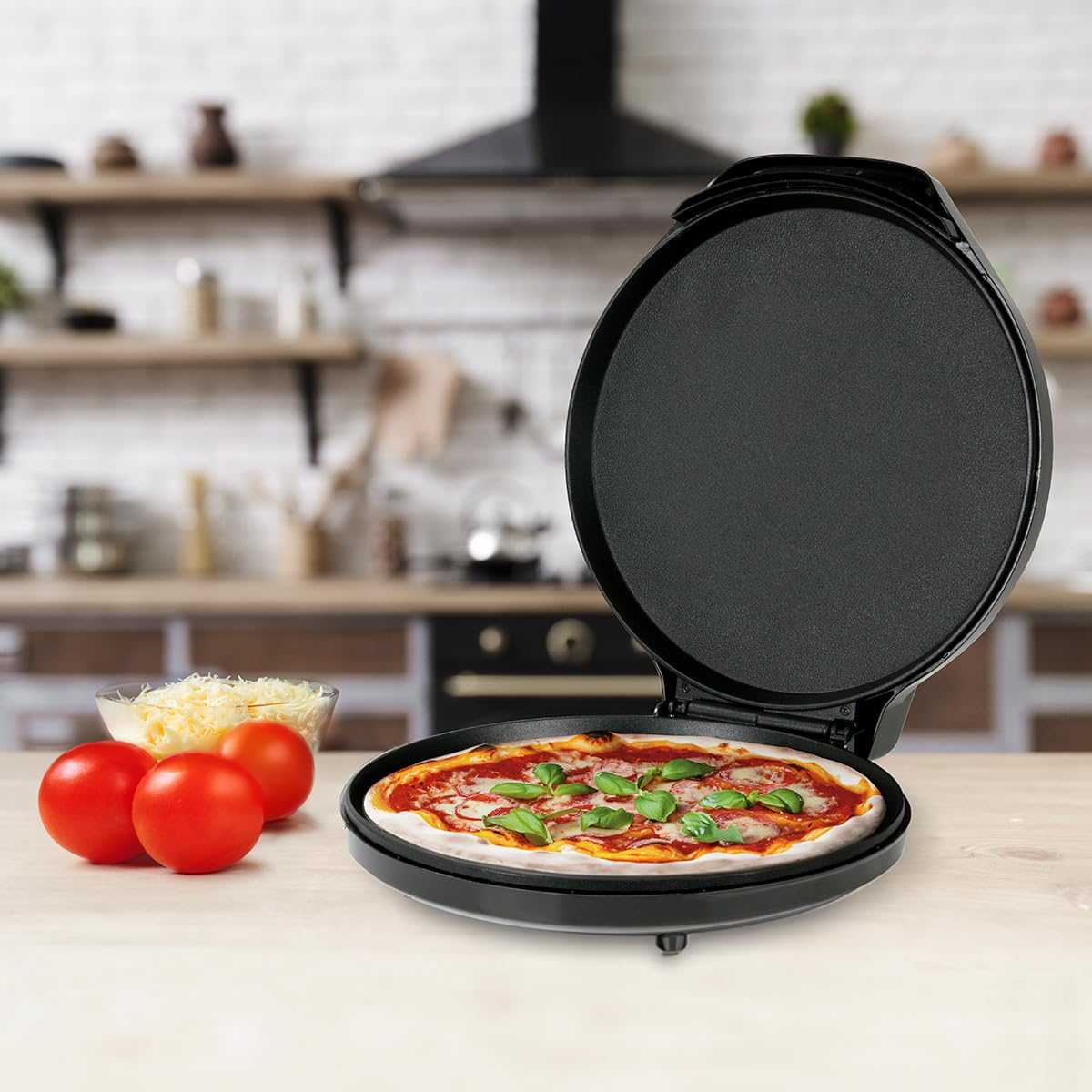 JOCCA Horno Grill Eléctrico para Pizzas 30.5 cm, Pizzera Electrica, Apertura 90º, Placas Antiadherentes, Temperatura Regulable