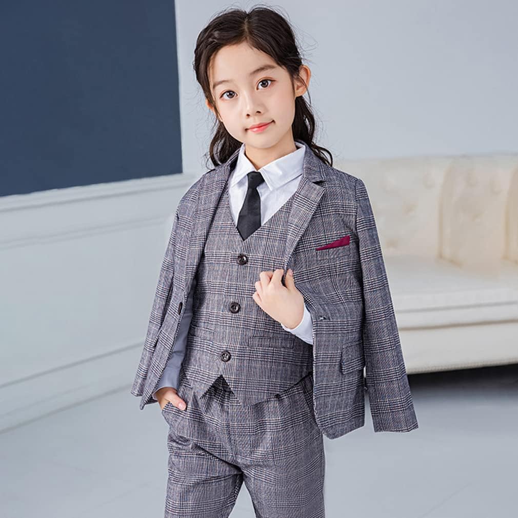 [DKA] 女の子 スーツ 5点セット ジャケット ベスト シャツ パンツ ネクタイ チェック柄 フォーマル 子供服 ジュニア 小学生 卒業式 入学式 七五三 発表会
