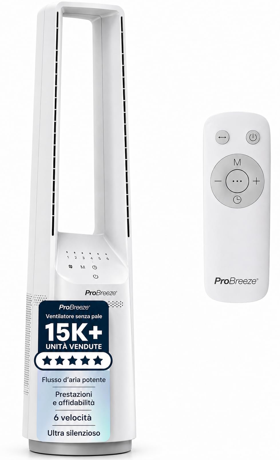 Pro Breeze OmniAir Ventilatore a torre silenzioso senza pale da 101 cm con 6 velocità e telecomando – Oscillazione a 60º, 5 modalità, timer – Ventilatore grande e portatile per la casa e l’ufficio