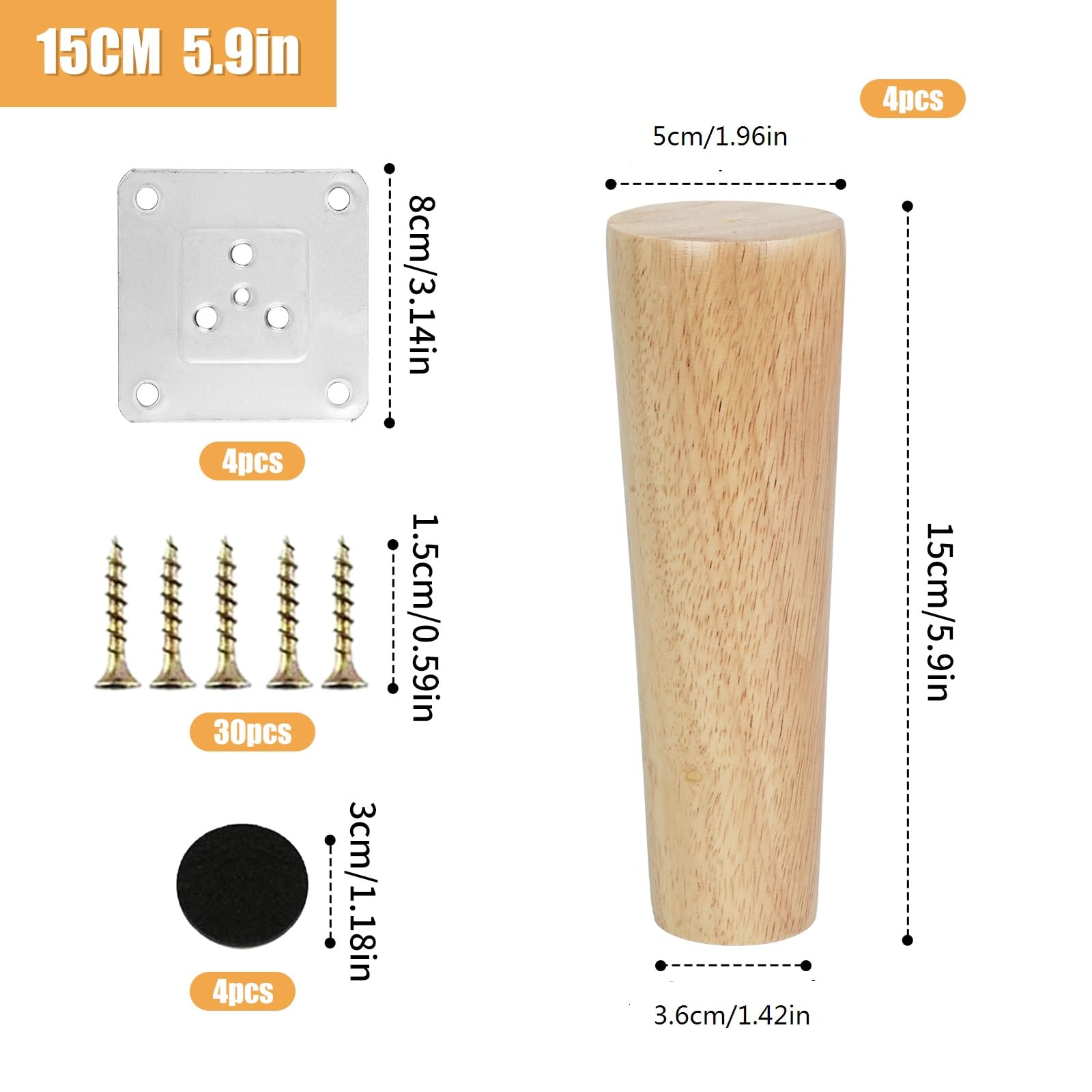 4 Pezzi 15cm Piedini per Mobili in Legno Massello Rovere Gambe per Mobili Coniche Piedi per Mobili con Piastra di Montaggio e Viti per Divano, Tavolo, Letto, Armadio, Mobile TV