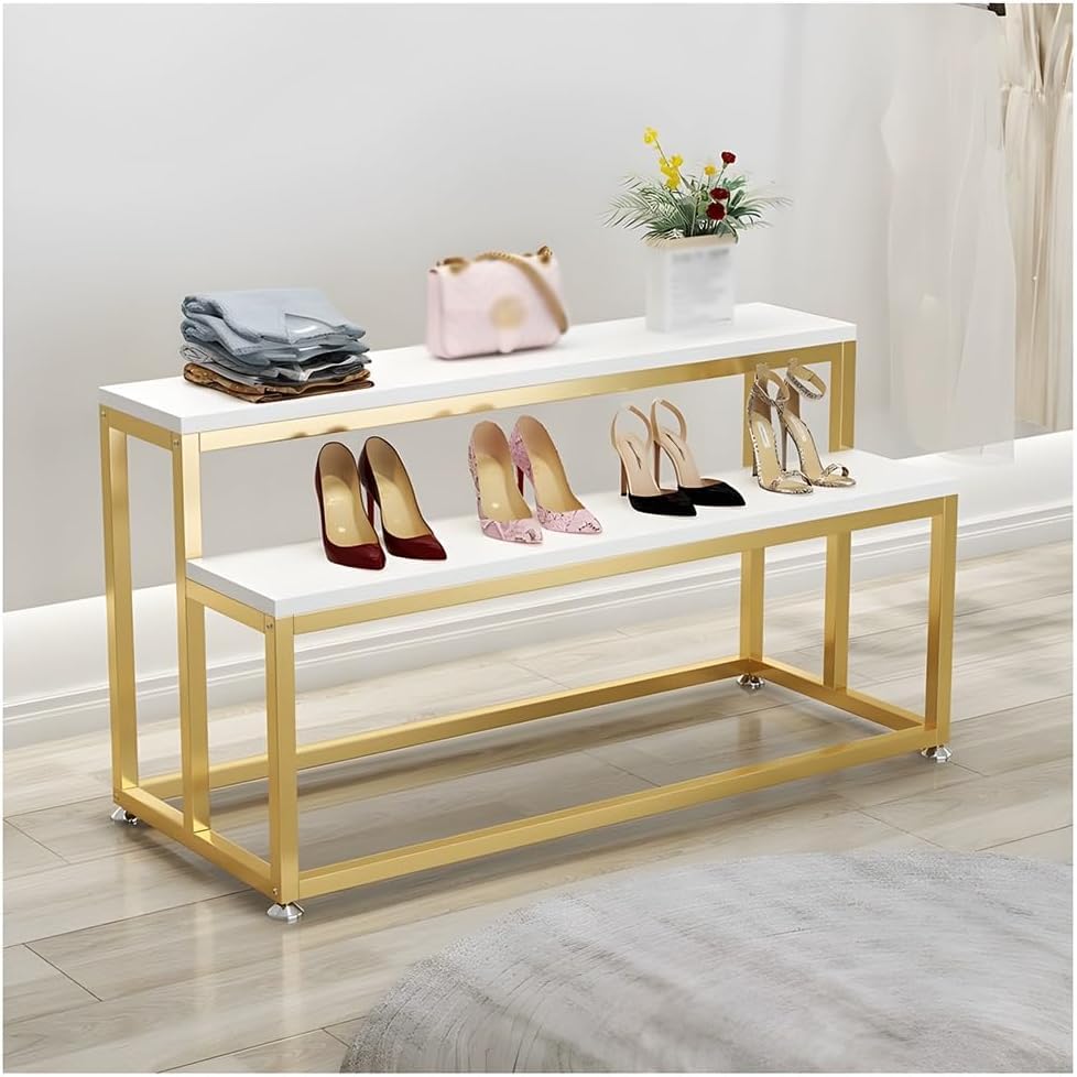 Modern Standing Display Riser Shelf, Metal Shoe Handbag Countertop Display Stand, Stepped Clothing Store Display Stand, for Retail Stores Home Hotel(Gold,80x48x60 cm/31x19x24 in)