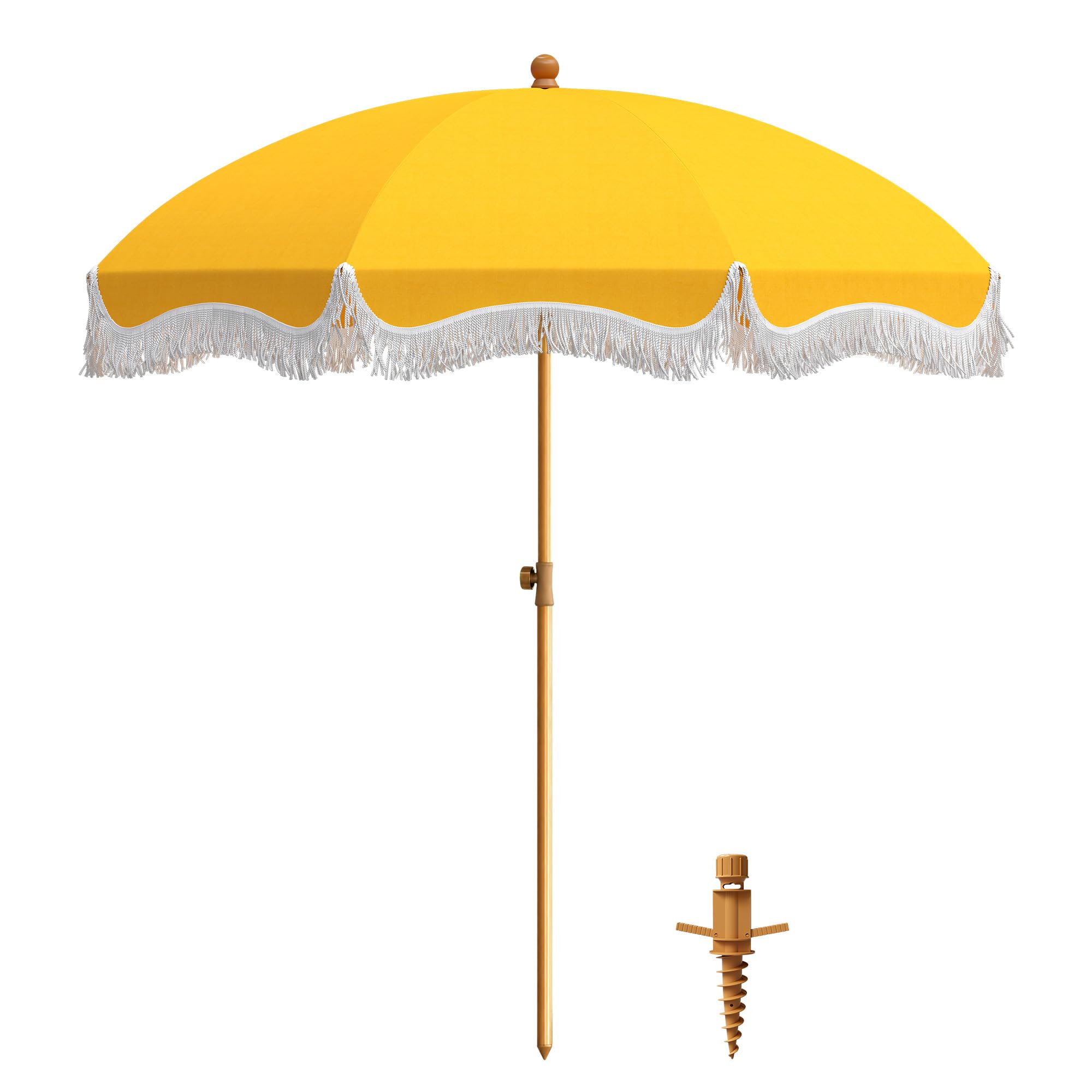 7ft Fringe Beach Umbrella with Sand Anchor Outdoor Patio, UPF 50+, Yellow