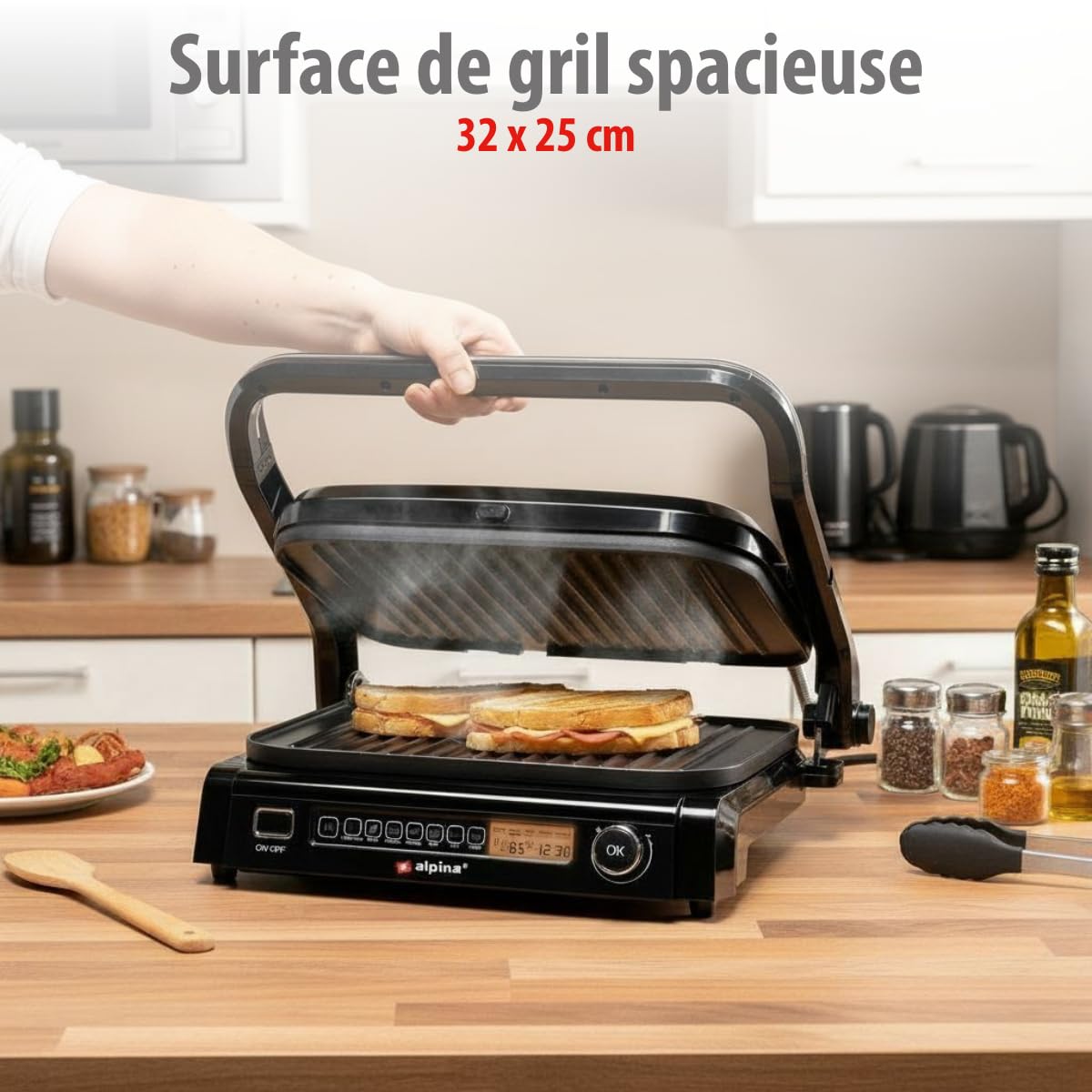 ALPINA - Grill électrique Multi fonction Panini Viande 2100W Minuterie 8 réglages Cuisson intelligente Plaque Anti-adhésive