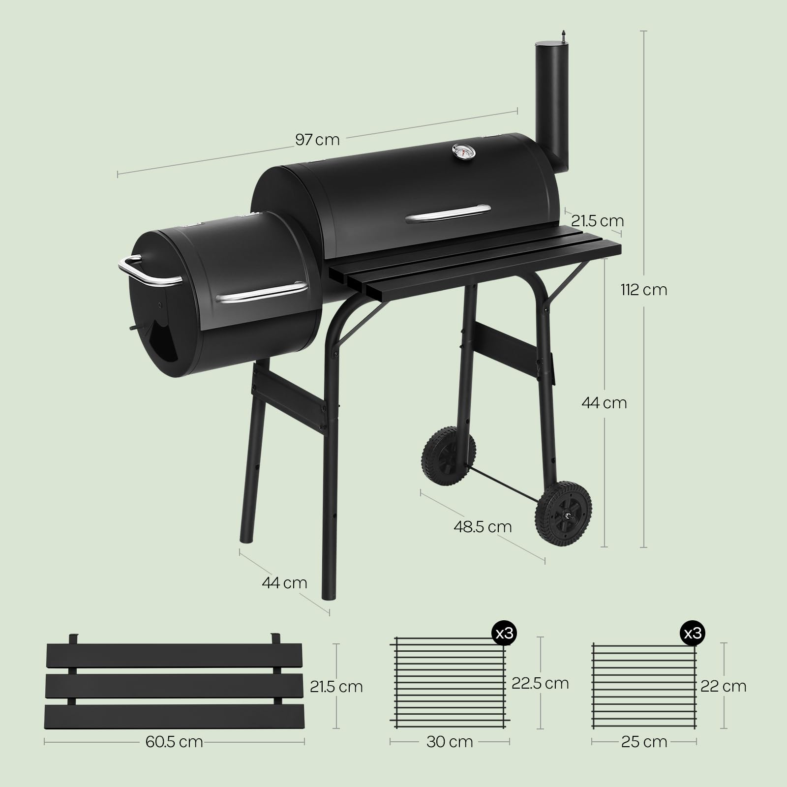 WOLTU CPZ8136sz grill na węgiel drzewny, 2 komory, grill stojący z kółkami transportowymi, 115 x 53 x 114 cm, grill na kemping i do ogrodu, czarny