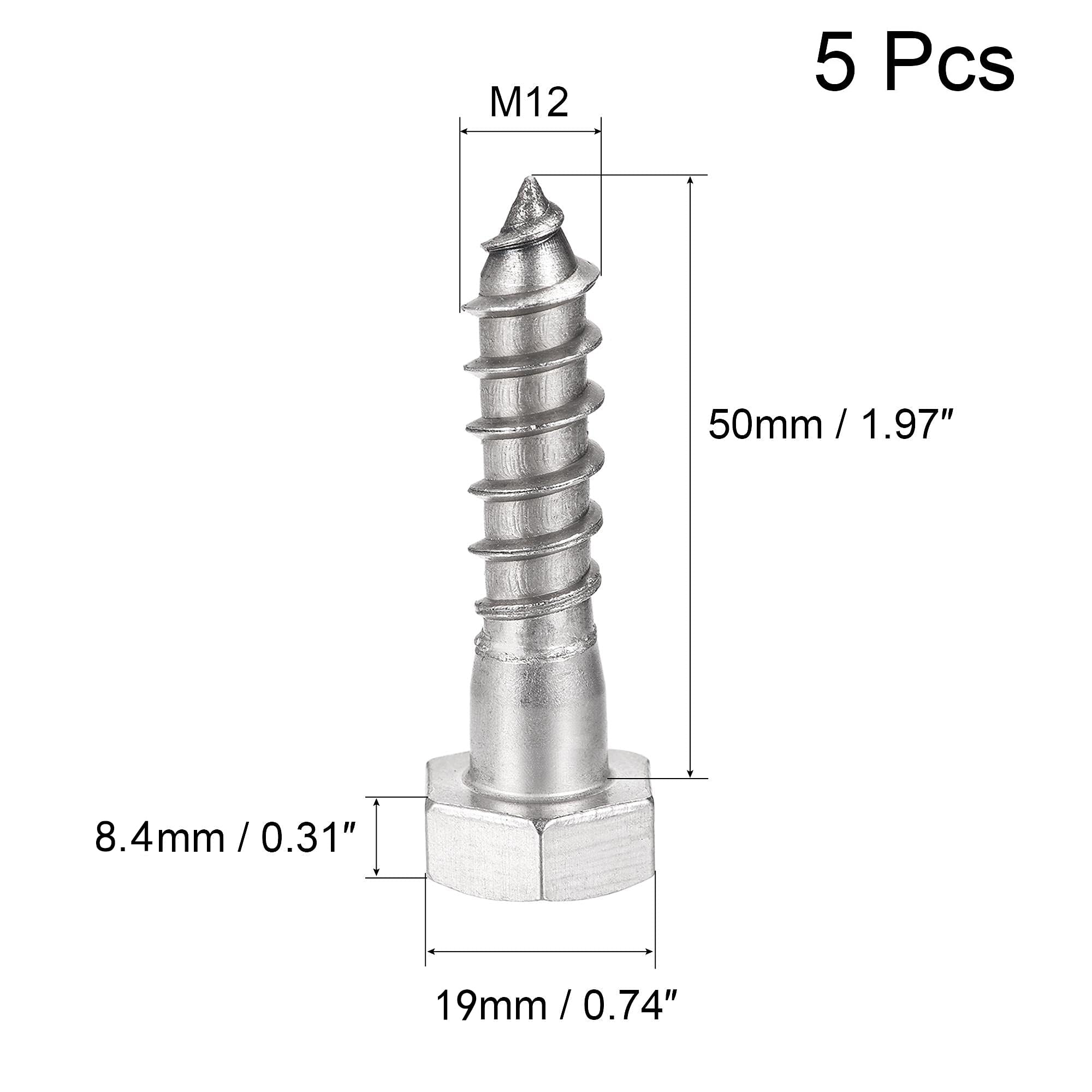 Unifizz 5 Pcs Hex Lag Screws, M12 x 50mm 304 Stainless Steel Wood Bolts - Image 2