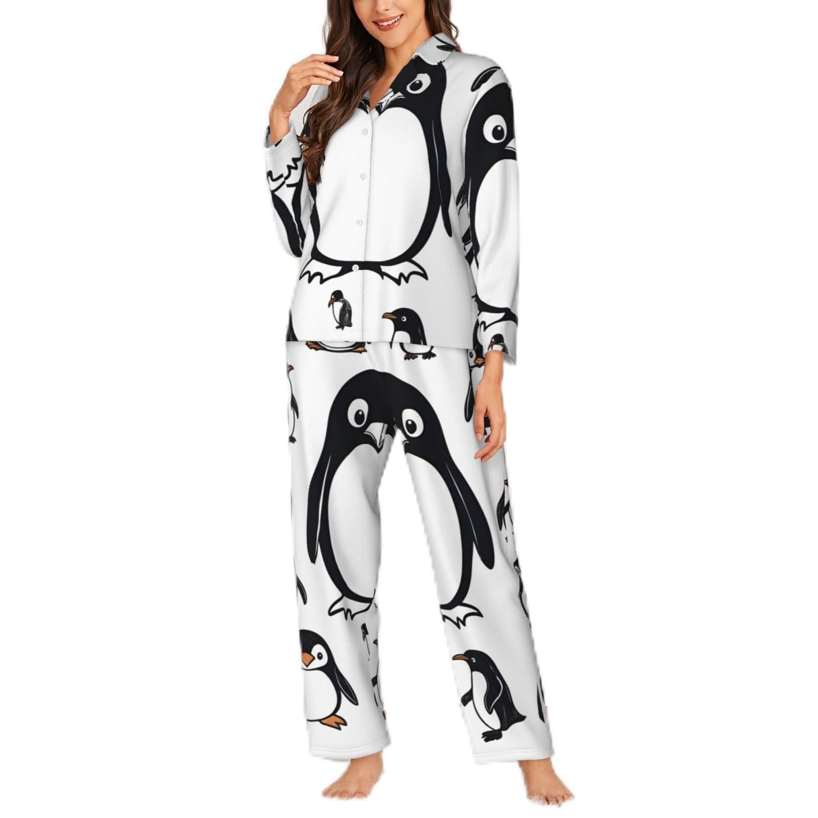 Yyoretp Women's Black Cute Penguin Print Long Sleeve Pajamas Button Down 2 Piece Pjs With Pockets,Warm Sleepwear
