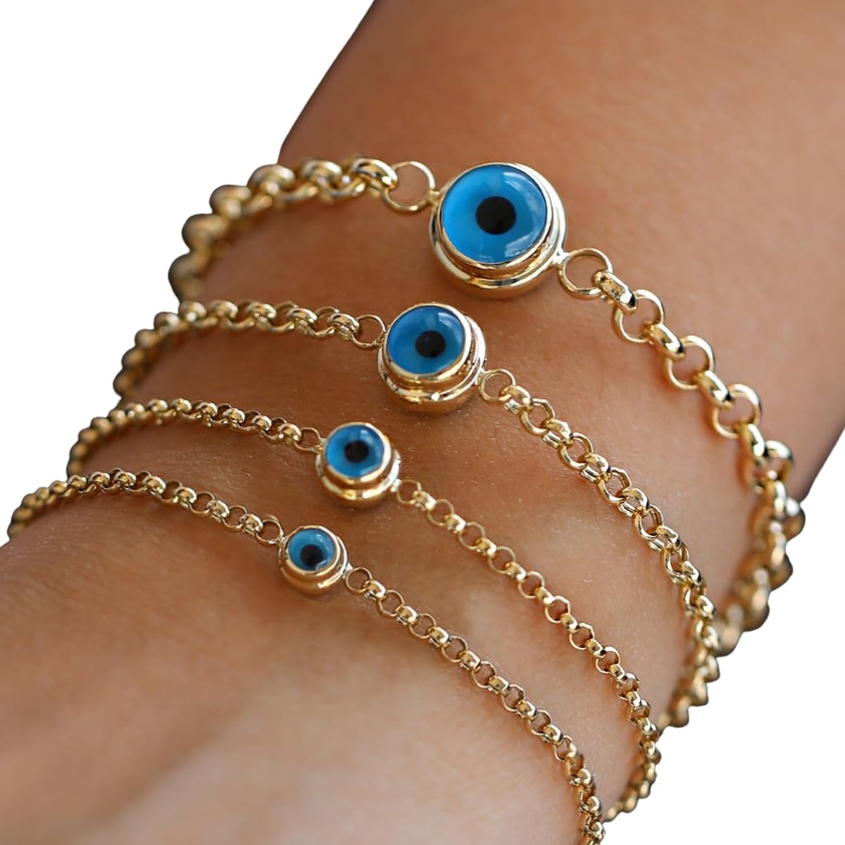 JEWEE DIAMOND14k Gold Evil Eye Bracelet - Rolo Chain Solid Gold Bracelet - Blue Eyes Real Gold Eye Station Bracelet - Great Gift For Her - Turkish Greek Eye Protection Symbol Jewelry