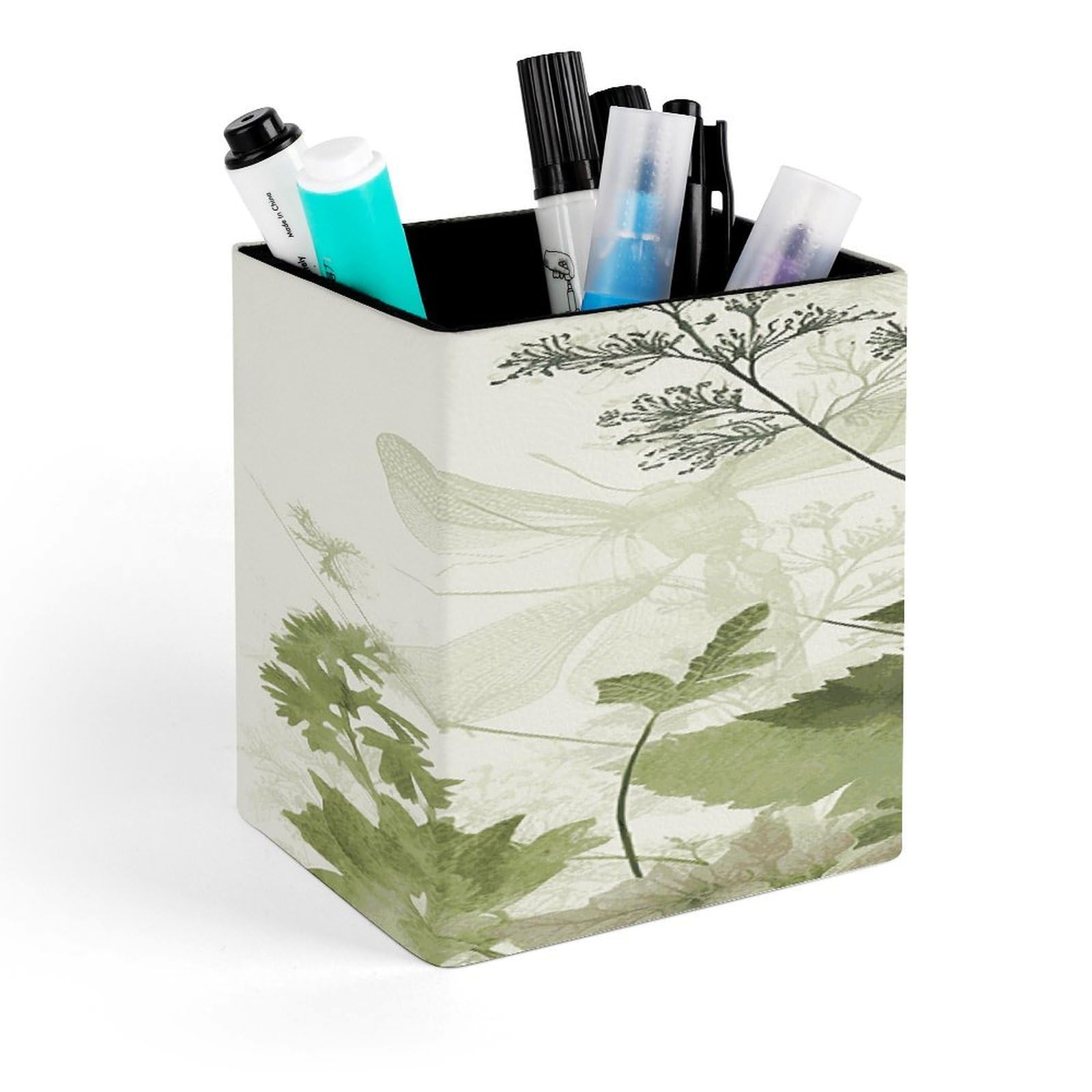 Foliage and Herb Pen Holder with Winged Dragonflies Square Pencil Holder Makeup Brush Holder PU Leather Cups Stationery Organizer Accessories
