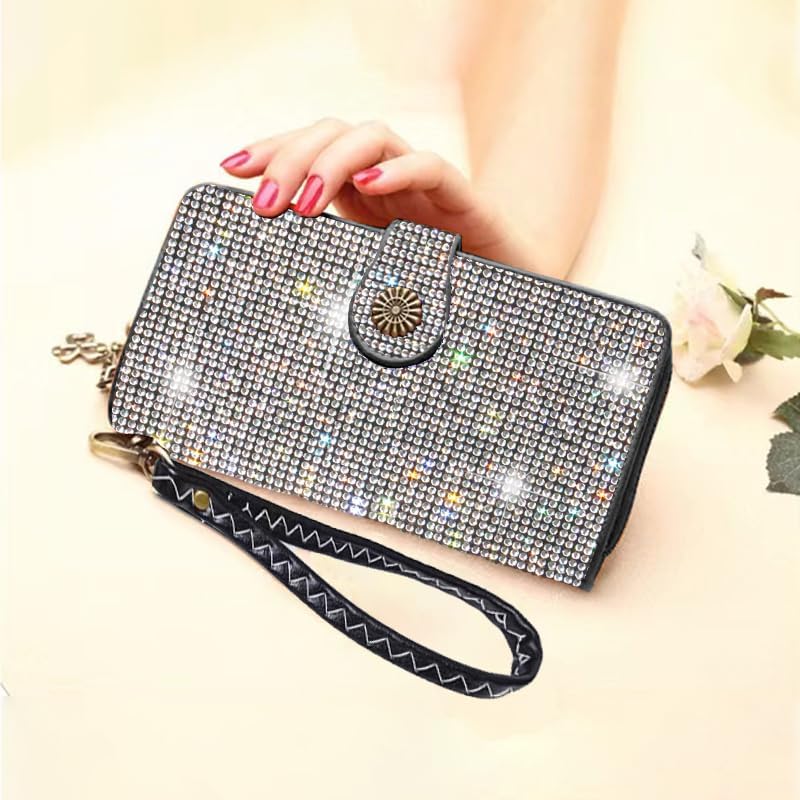 Bling Rhinestone Womens Wallet Wristlet Clutch Handbags Sunflower Lucky Purse Credit Card Holder Large Capacity - Image 2