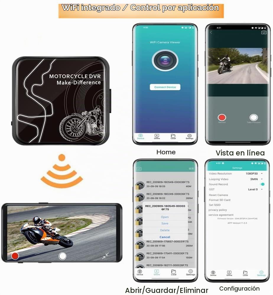 VSYSTO Dash CAM para Moto, Dashcam Cámara de Motocicleta Delantera y Trasera HD 1080P, 130° Gran Angular Cámara Deportiva a Prueba de Agua con WiFi, WDR, Sensor G, Visión Nocturna