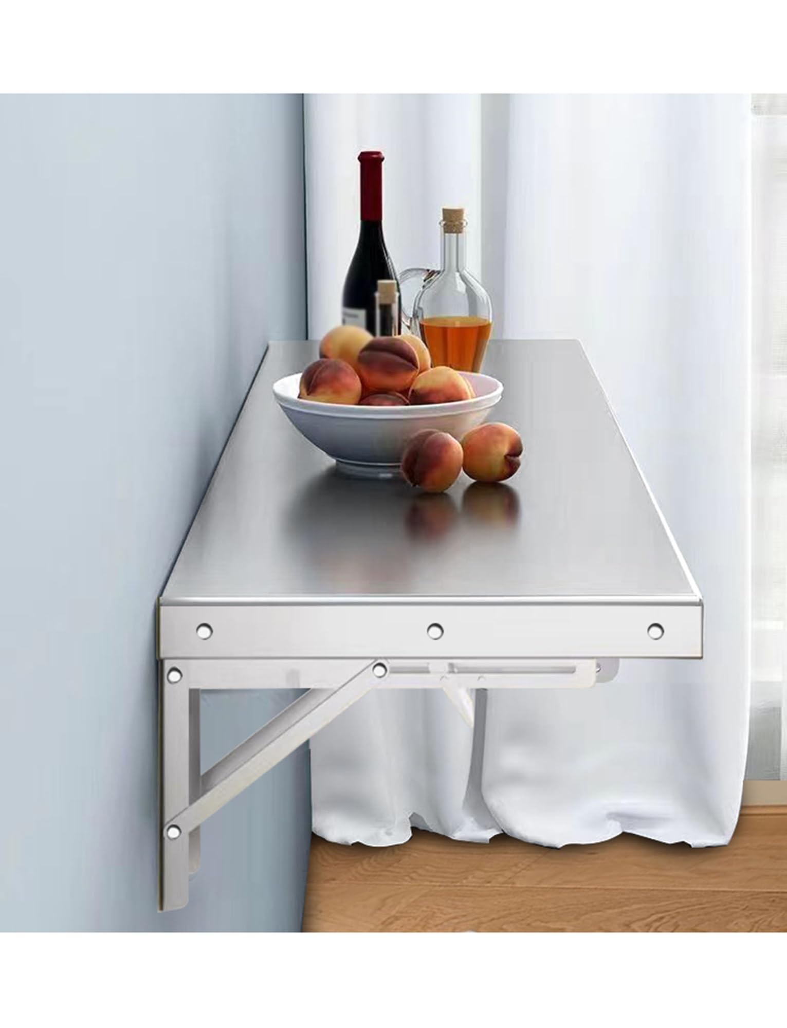 Table pliante en acier inoxydable plan de travail suspendu au design épuré
