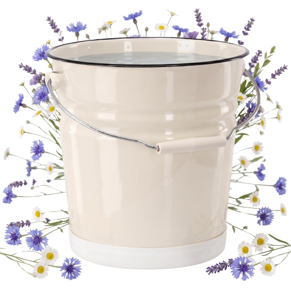 Emaliowane wiadro 12 l, kremowe, z czarną krawędzią, 26 cm, wiadro na wodę z ergonomicznym uchwytem i ochroną podłogi – rustykalne wiadro do czyszczenia i wiadro ogrodowe w stylu retro
