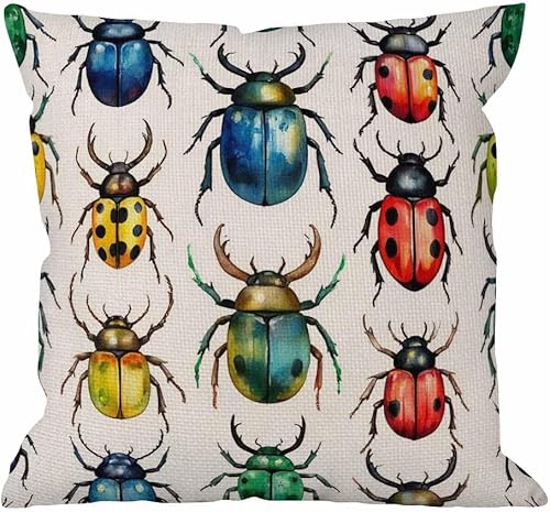 HGOD DESIGNS Beetles - Funda de almohada, decorativa, diseño de escarabajo, acuarela, hexápodo, insecto, algodón, lino, para exteriores, interiores,
