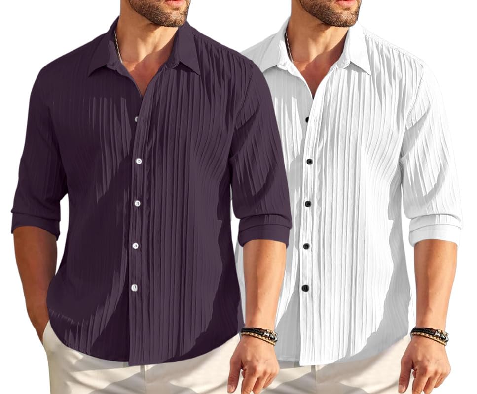Image of FINIVO FASHION Men's Cotton Blend Shirt Set Lightweight, Full Sleeves, Plain Texture, Button Closure, Summer Ready (Pack of 2)