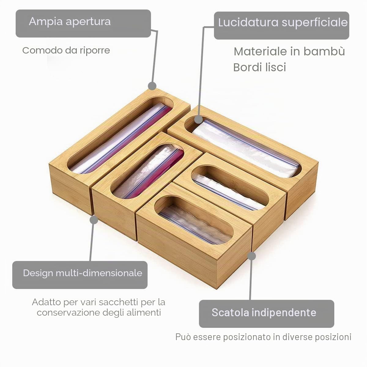 5 confezioni di organizer per sacchetti di bambù per la conservazione degli alimenti, organizer per sacchetti portaoggetti per la cucina, contenitori per cassetti compatibili con sacchetti da gallone