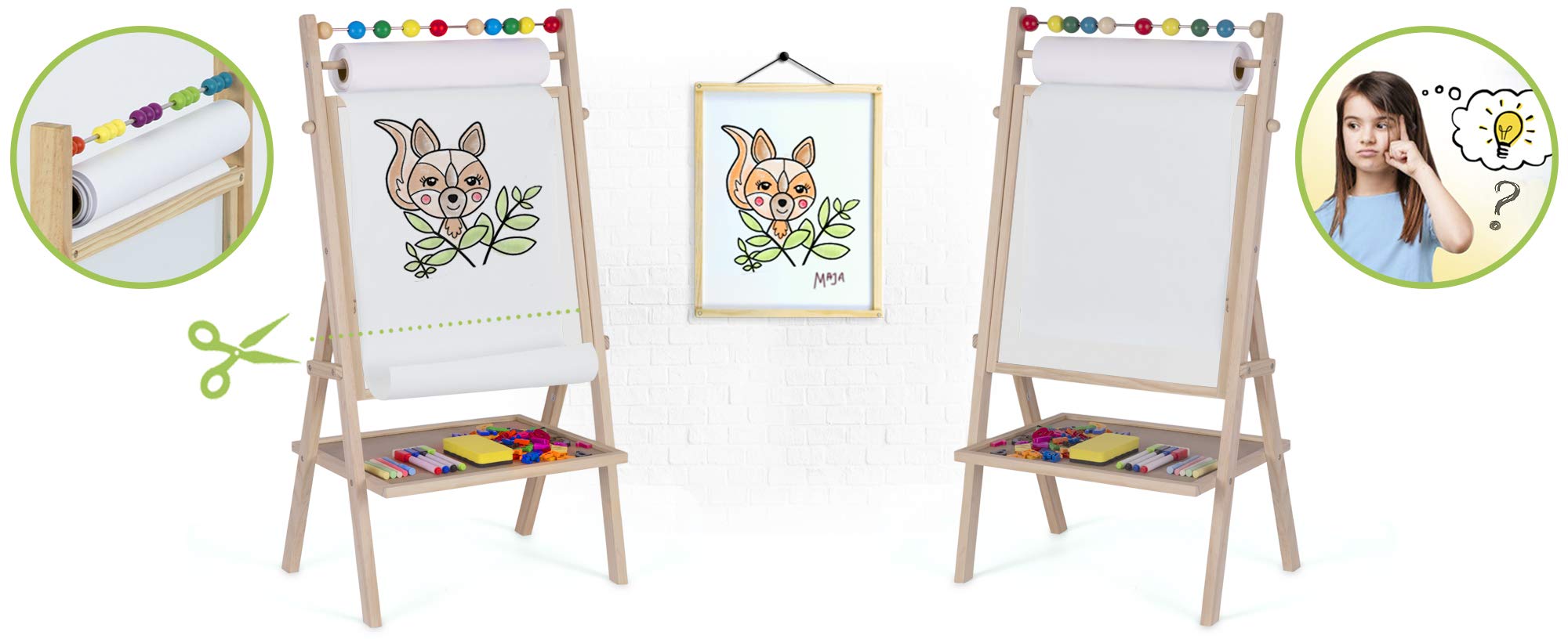Ricokids Magnetyczna tablica kredowa dwustronna tablica kredowa dla dzieci z akcesoriami rolka papieru liczydło obrotowe