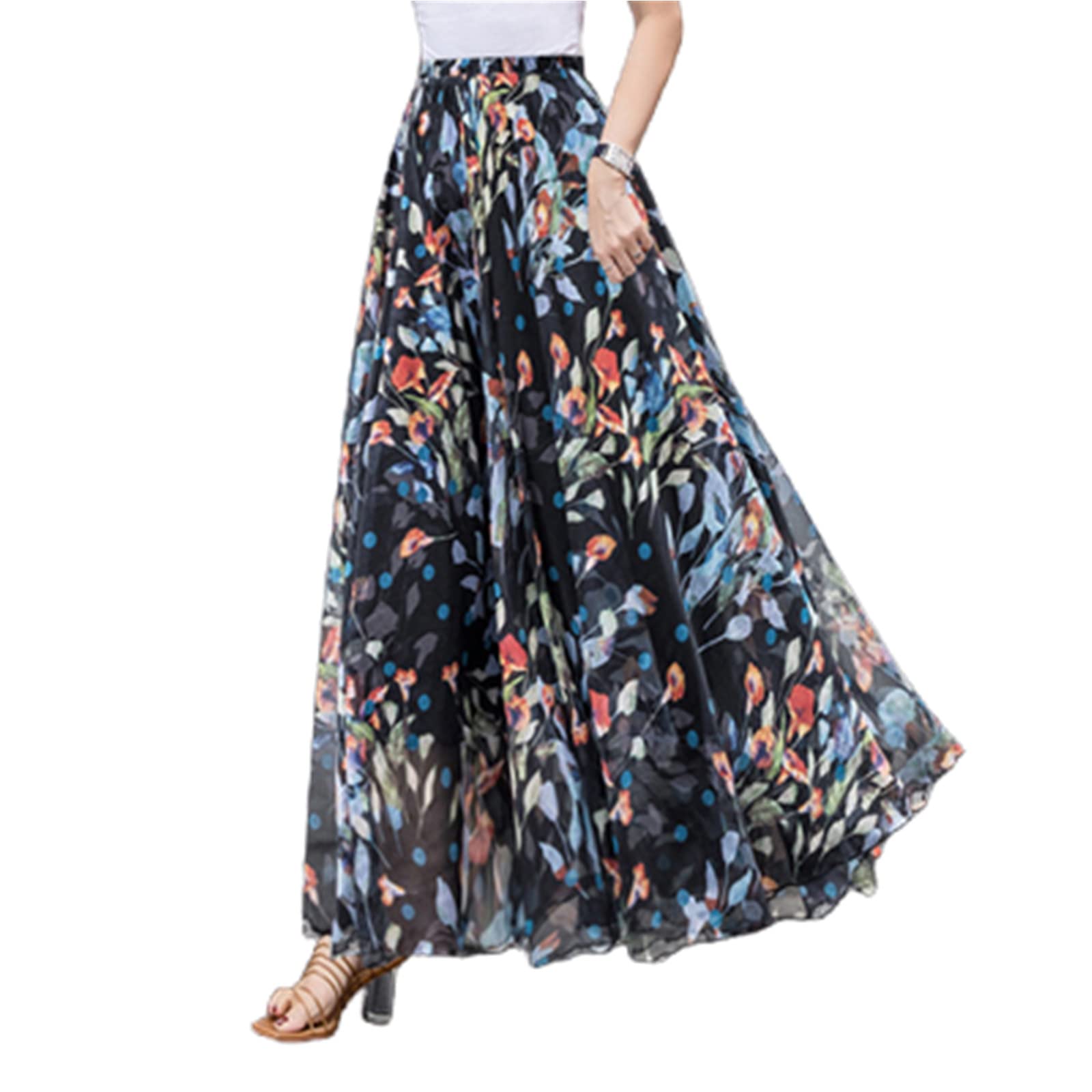 URYYRIT Strandkleid Rock Sommer Großer Schwung Chiffon Blumenrock Frauen Bohemian Strand Langer Rock-M,T