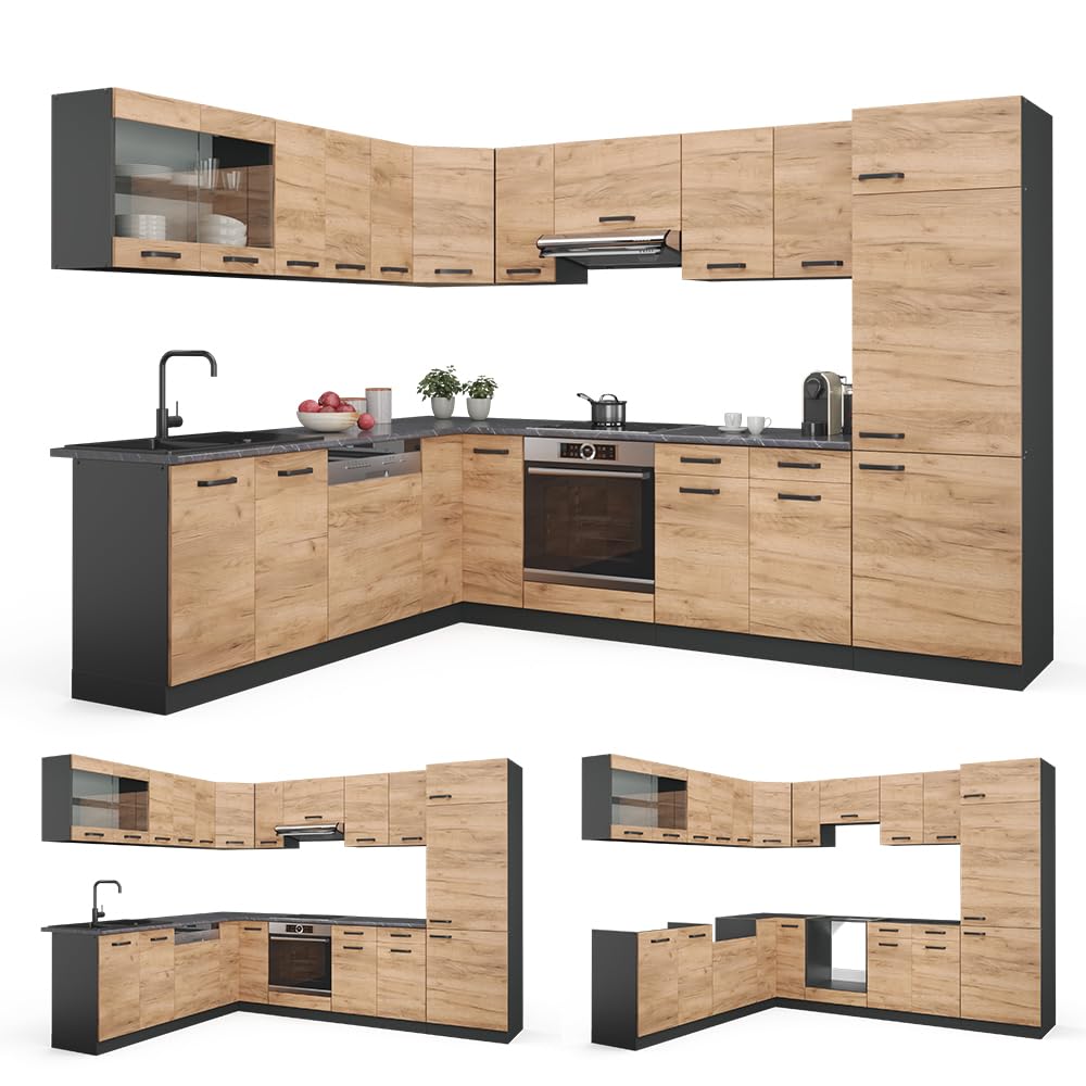 Vicco Cocina esquinera R-Line, Roble Dorado/Antracita, 287 x 227 cm | 12 Módulos Patas ajustables sin encimera Frente robusto, 2 Cajones