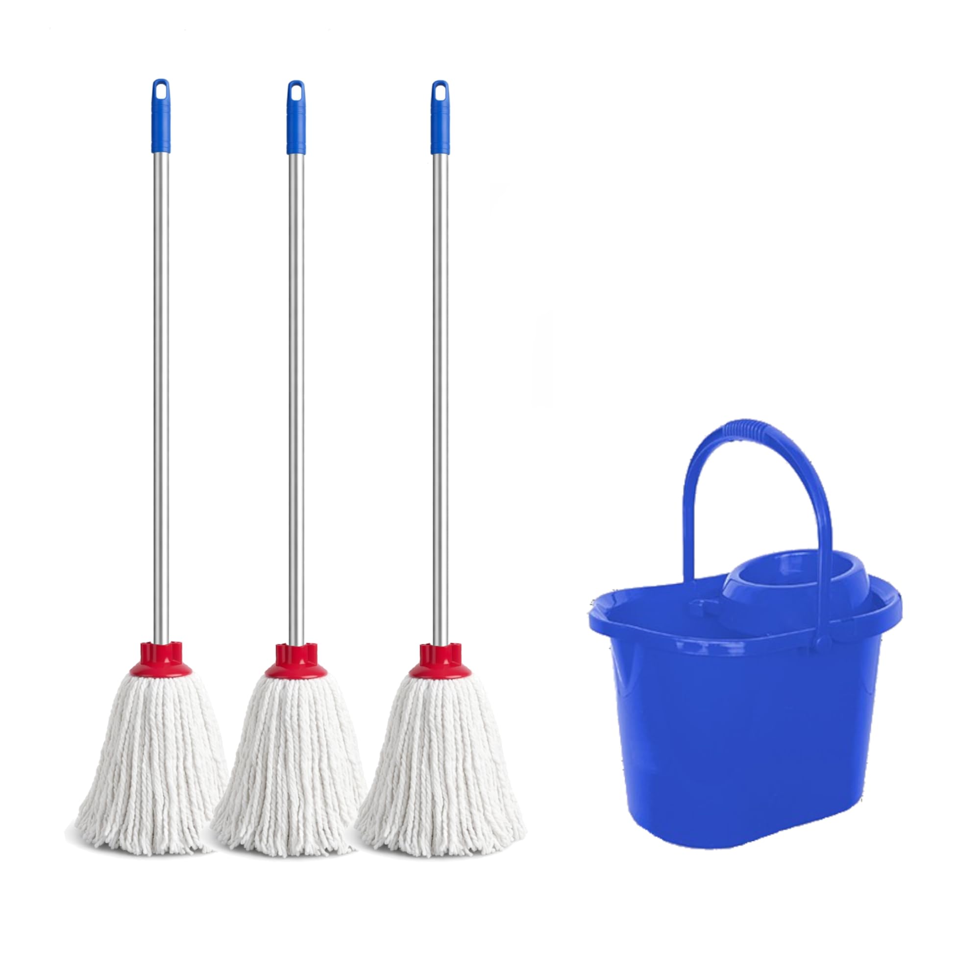 Kit de Limpieza Completo – 3 Fregonas de Algodón Blanco con Palos de Aluminio Ligero y Resistente + Cubo Azul con Escurridor