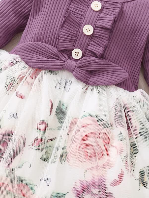PAMBERSTON Baby Girl's Lycra Frock with Round Neck Full Sleeves Solid Pattern Knee Length Waist Bow and Regular Fit Purple 2