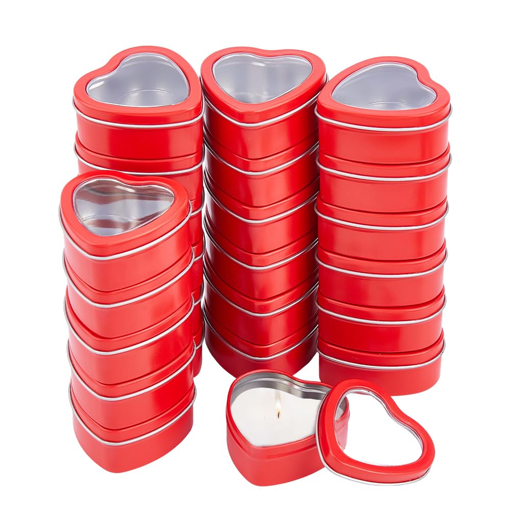 DICOSMETIC 32 Stück 60ml Klein Herzförmige Blechdosen mit Klarsichtdeckeln Herzförmige Kerzenbehälter Klein Metallboxen mit Deckel für Kerzenherstellung Süßigkeiten Geschenke Schätze, Rot