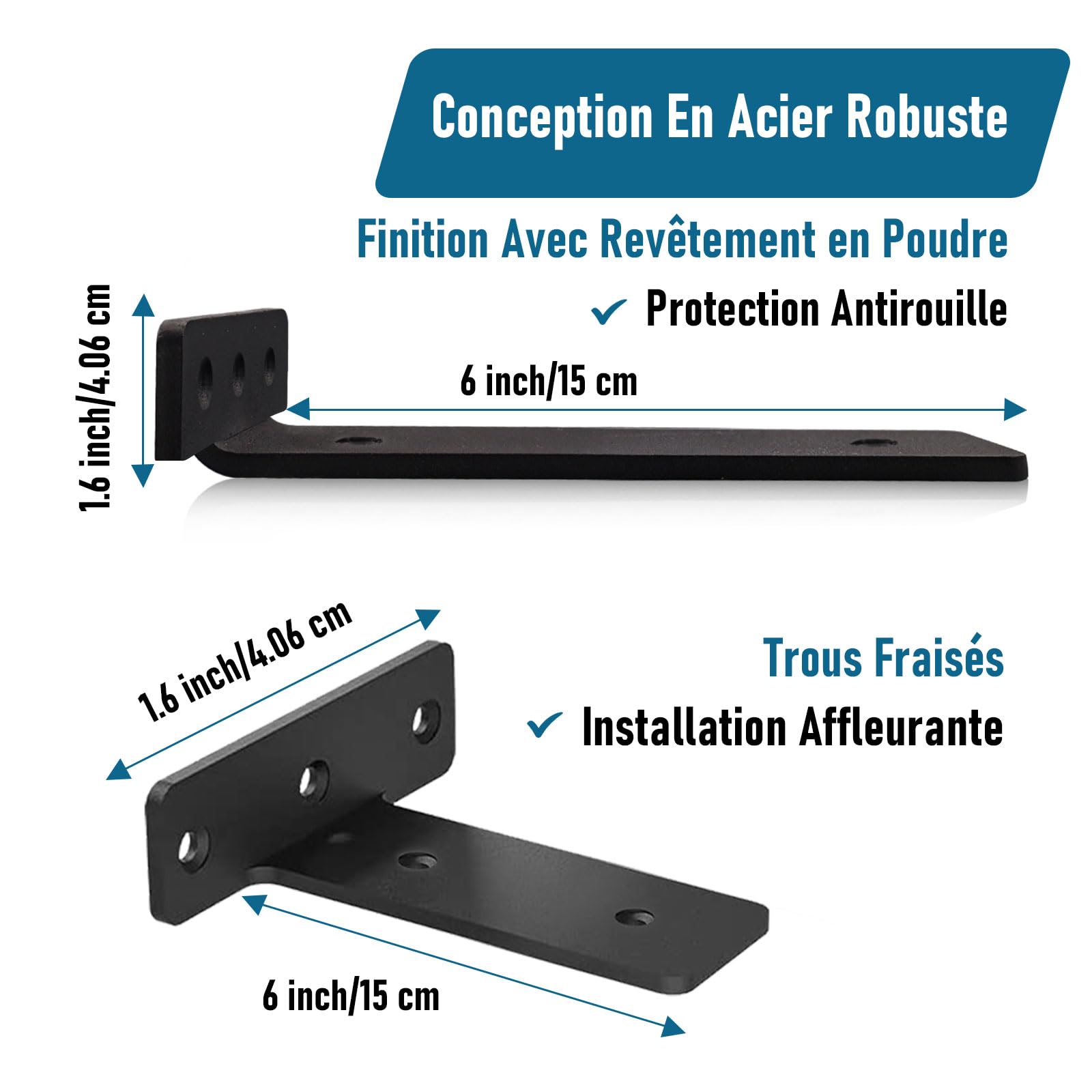 6 Pièces Equerre Etagere Murale, Equerre Etagere Murale Métal en Fer | 5 mm D'épaisseur, Supports D'étagère En Bois pour Étagères Ouvertes de Bricolage (Noir, 15 cm)