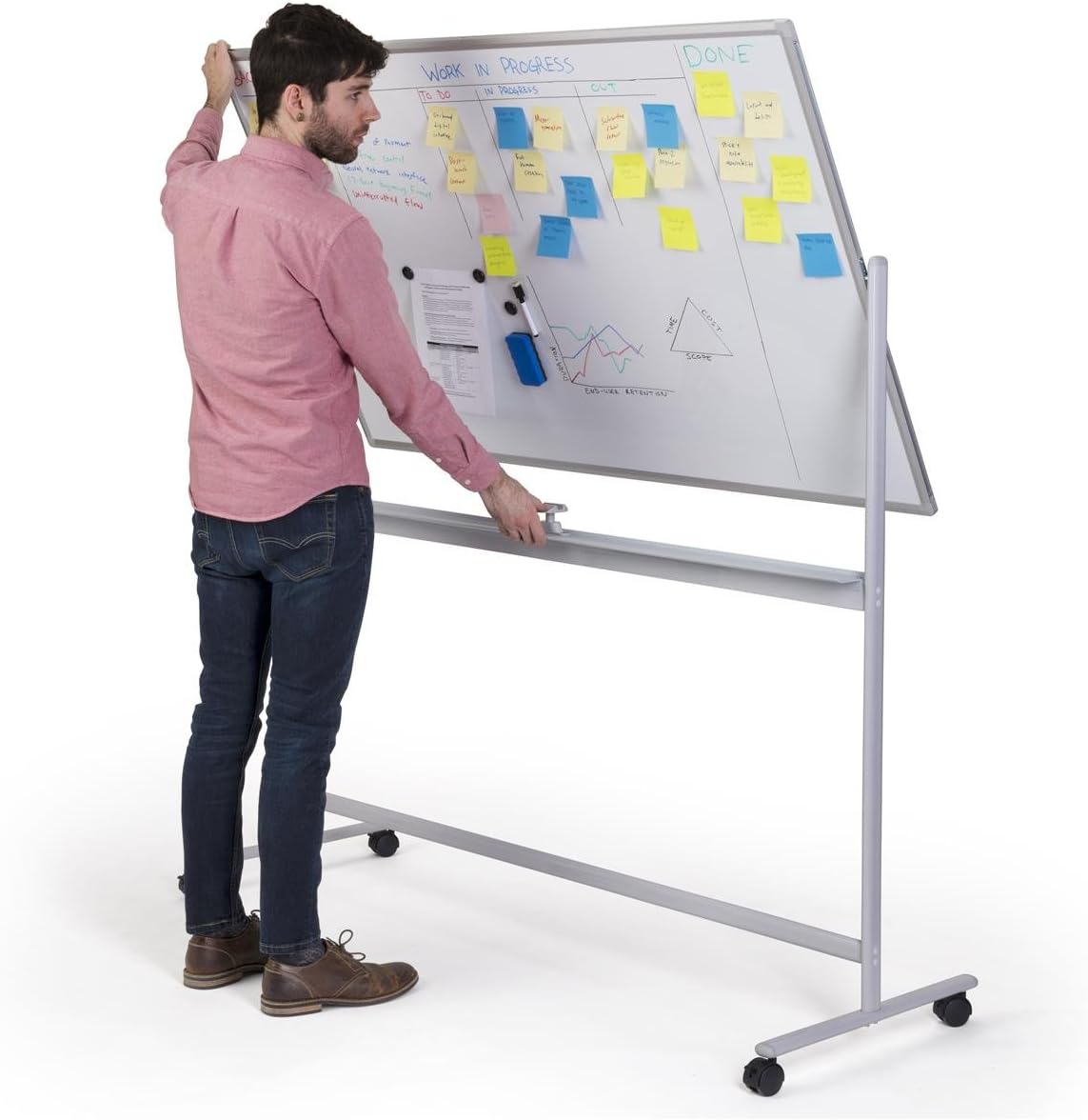 Displays2go 60 x 36 Rolling Whiteboards, Double Sided, Magnetic Surface – Silver (WHBMOB6040)