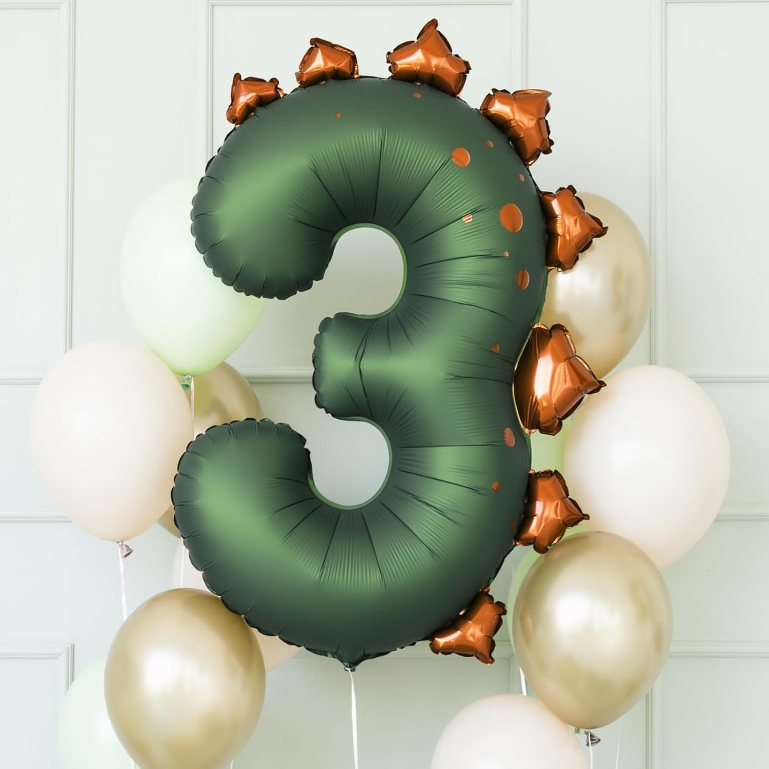 Dinosaur Number 3 Foil Balloon, Dark Green with Bronze Spikes, 92cm, Self-Sealing Design, Air and Helium Compatible