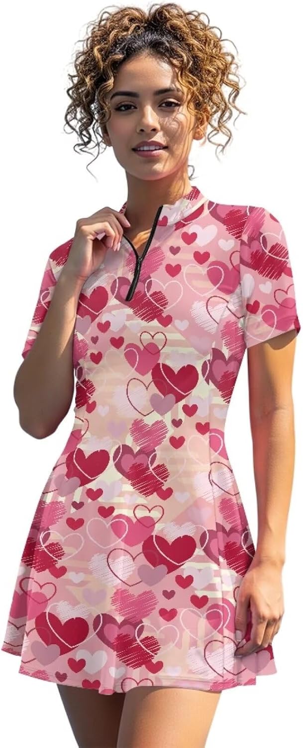 Womens Tennis Dress Short Sleeve Fashion Golf Dress with Shorts and Pockets Half Zip Collared XS-2XL
