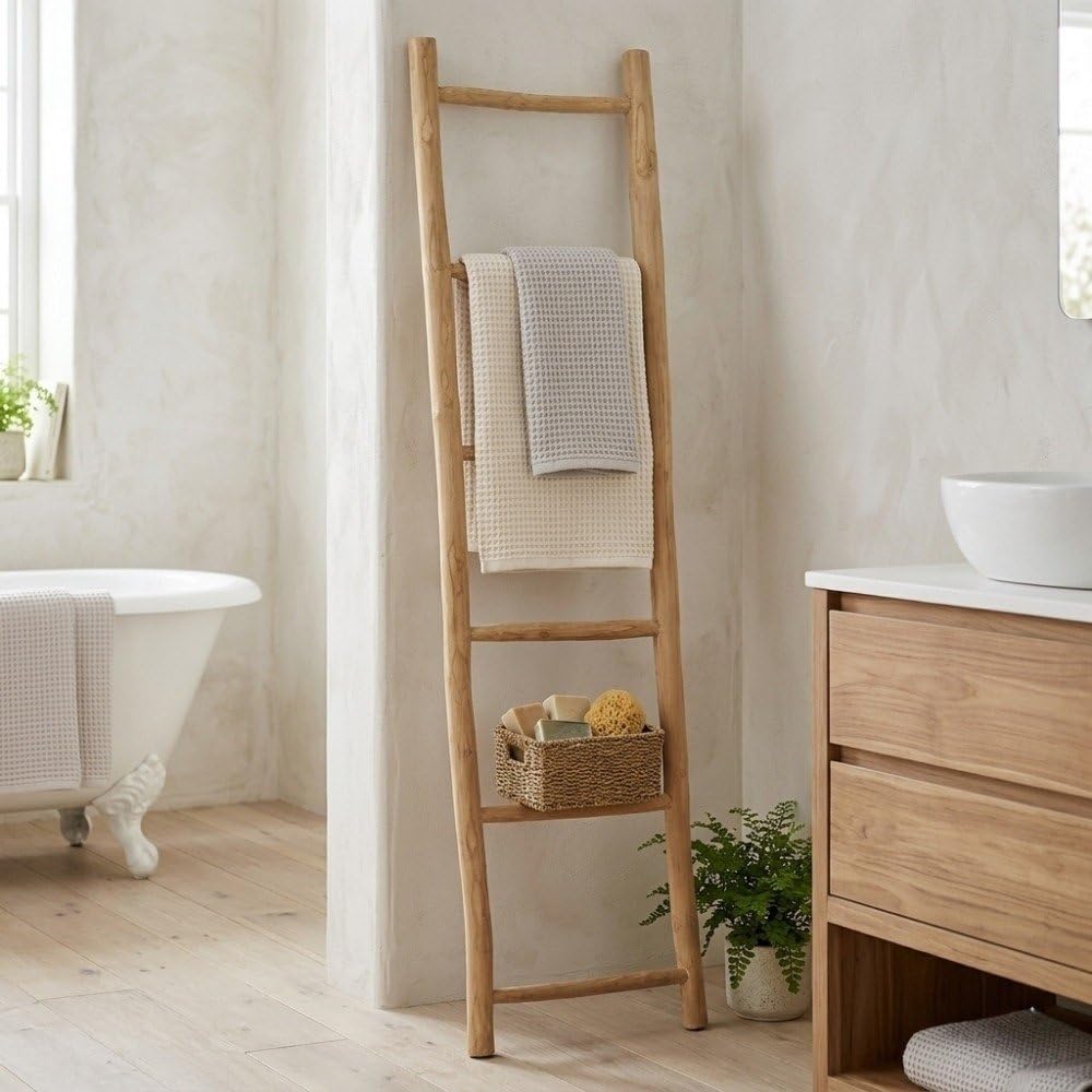 Teak Deko-Leiter KEPALA H180cm Natural Handtuchhalter Kleiderständer Holzleiter