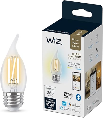 WiZ Clear BA11 - Bombilla LED inteligente en forma de vela de 40 W de filamento blanco sintonizable, paquete de 1, E26, interior, se conecta a tu