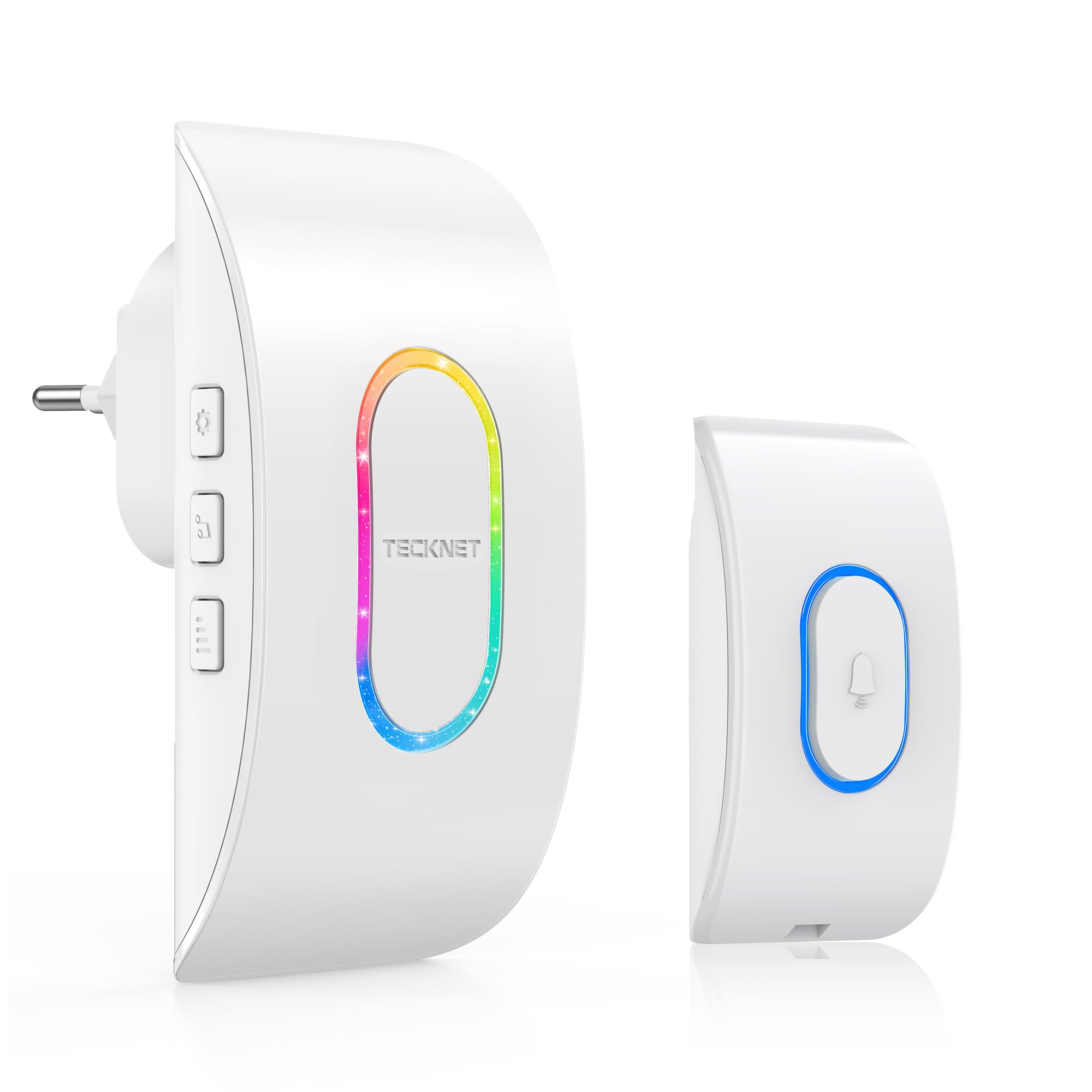 TECKNET Funkklingel, IP65 Wasserdicht Türklingel Funk Set, über 400m Funkreichweite, Funk Türklingel Kit, 60 Melodien, 5 Lautstärkestufen, Türklingel Funk mit RGB-Blitz, Weiß