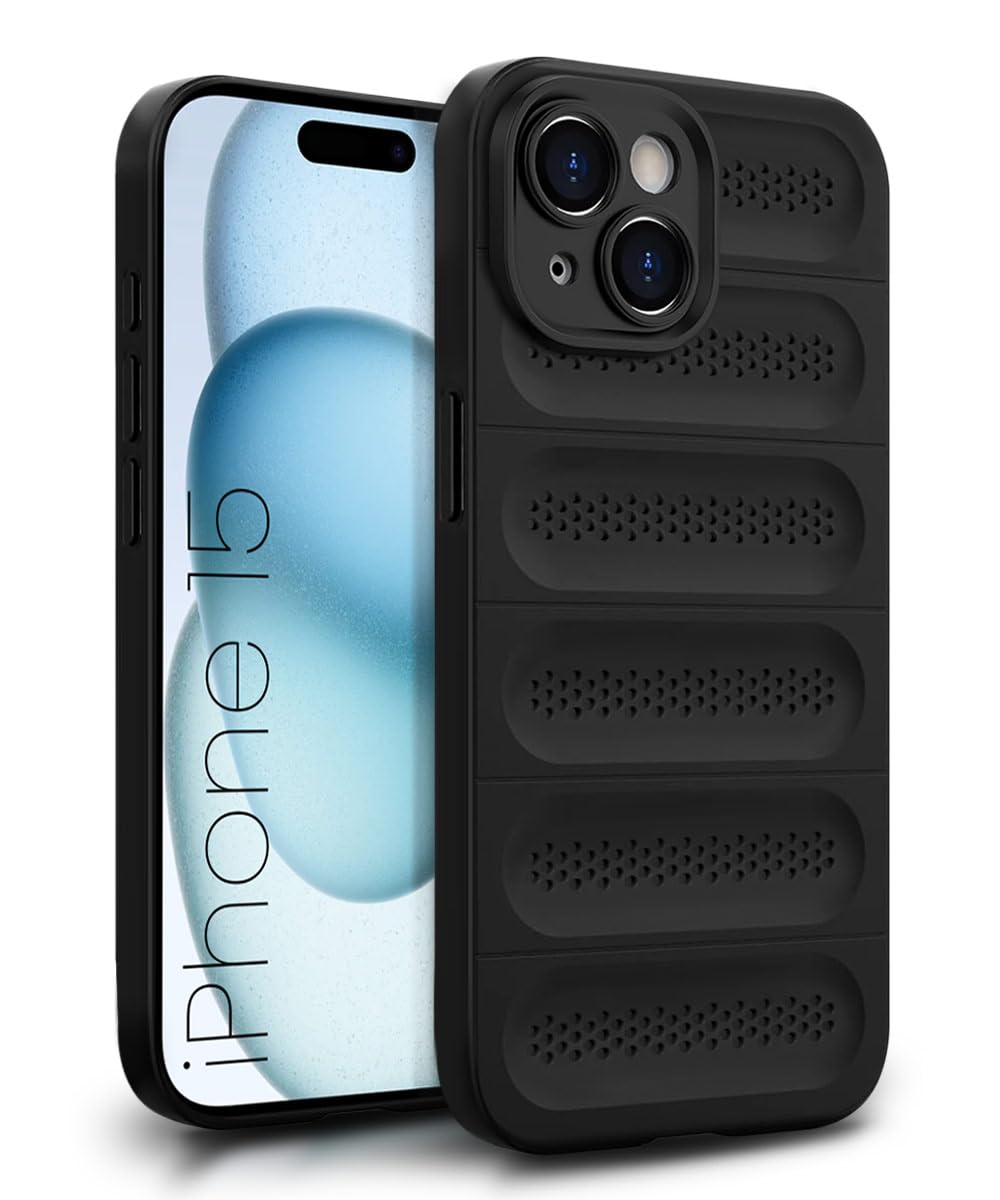 WOW IMAGINE Ultimate Silicone Back Cover Case for iPhone 15 | Heat Dissipation Thin Soft TPU | 360° Camera Protection | Breathable Cooling Holes – Pitch Black