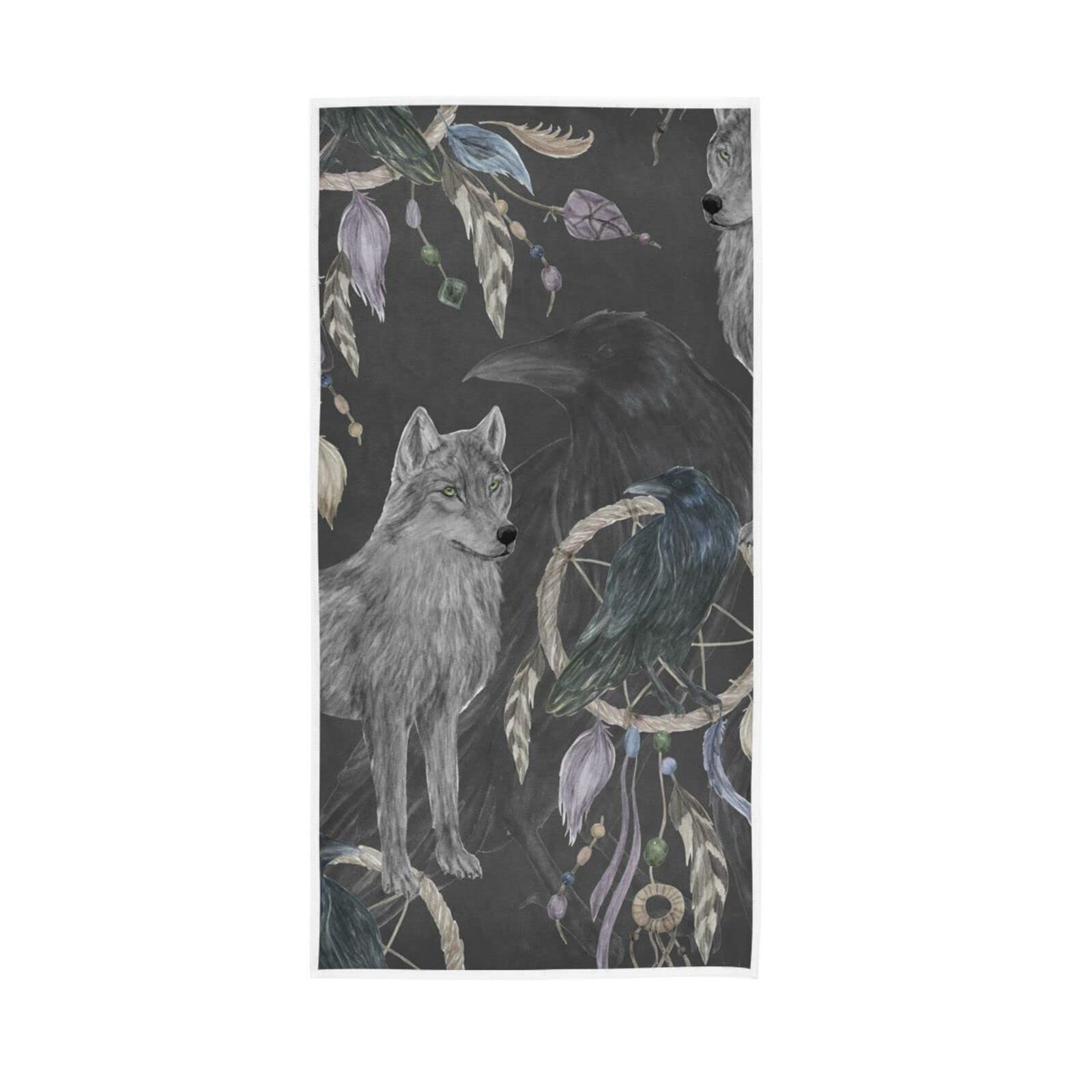 HUYGD Hand Towels Raven Wolf Dream Catcher Decor Fingertip Soft Face Towel Absorbent Bathroom Kitchen Towels